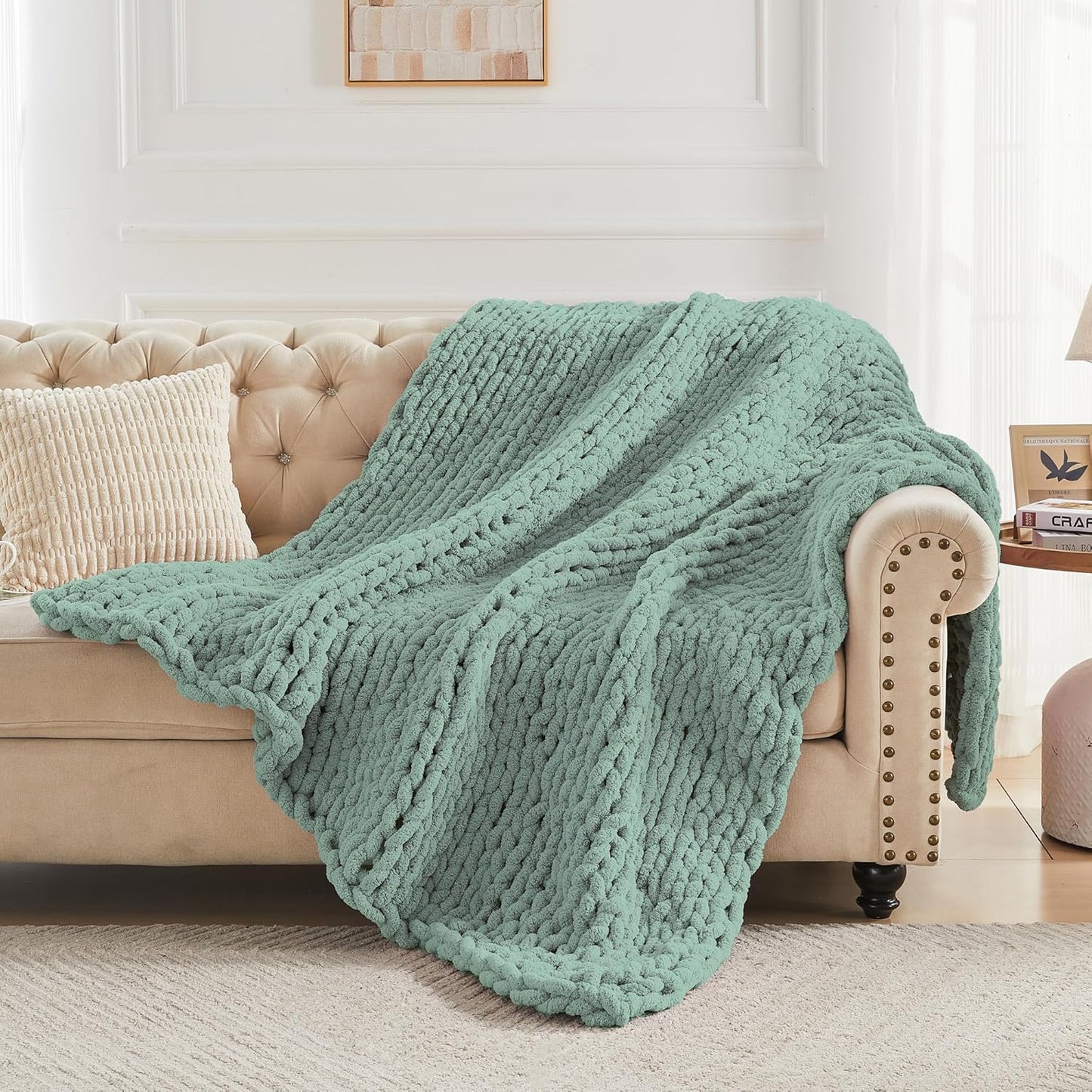 Carriediosa Chunky Knit Throw Blanket 50" X 60", 100% Hand Made Large Chenille Loop Yarn Soft Fluffy Throws for Couch Sofa Bed, Big Crochet Cozy Heavy Thick Cable Woven Blanket, Sage Green