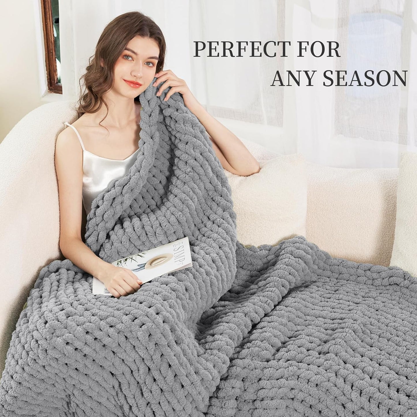 Admitrack Chunky Knit Blanket Throw, 100% Hand Knit Chenille Throw Blanket for Sofa & Home Decor, Soft and Cozy Knitted Throw Blankets (Dark Gray，51""x63""), XNR08