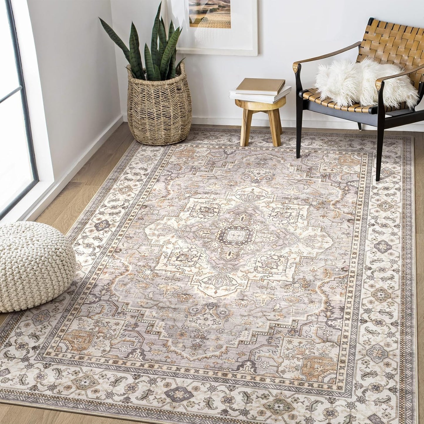 Washable Area Rugs for Living Room - 6x9 Neutral Vintage Distressed Floral Farmhouse Boho Large Soft Floor Rug Indoor Non Slip Carpet for Bedroom Dining Room Office - Grey Brown