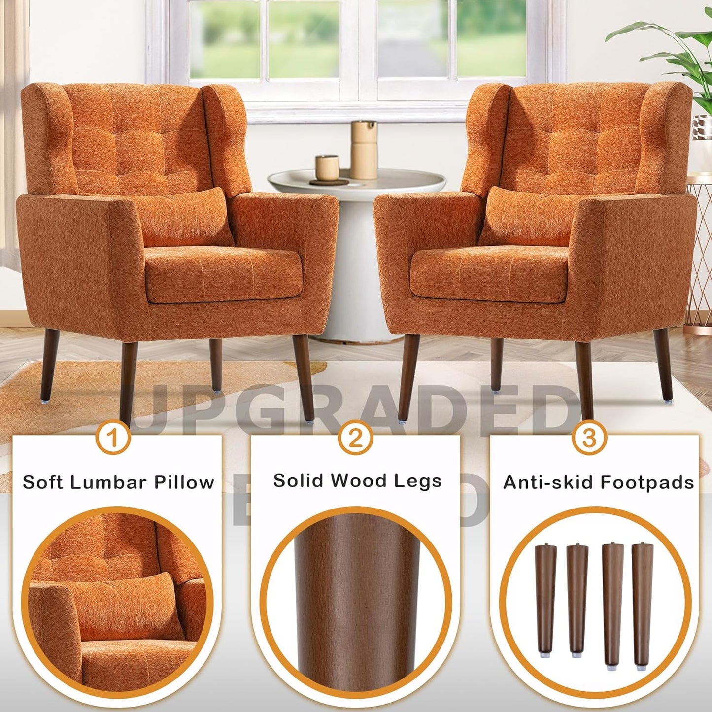 Modern Accent Chair, Upholstered Armchair with Pillow, Fabric Single Sofa Chair with Lounge Seat and Wood Legs Accent Chair for Living Room Bedroom Small Spaces (Orange, Set of 1)
