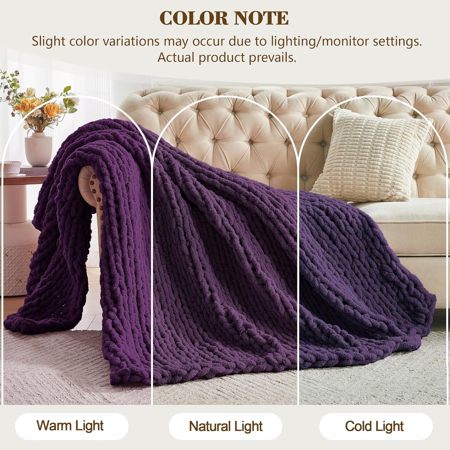 Carriediosa Chunky Knit Throw Blanket 60" X 80" Twin, 100% Hand Made Large Chenille Loop Yarn Soft Fluffy Throws for Couch Sofa Bed, Big Crochet Cozy Heavy Thick Cable Woven Blanket, Dark Purple