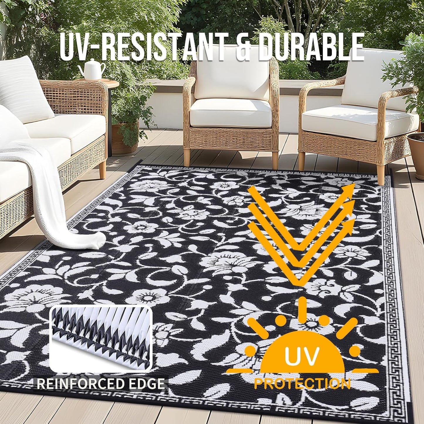 OLANLY Waterproof Outdoor Rug 9x12 ft, Outdoor Plastic Straw Rug with Flower Pattern, Reversible RV Mat for Patio, Camping, Balcony, Deck, Backyard, Black & White