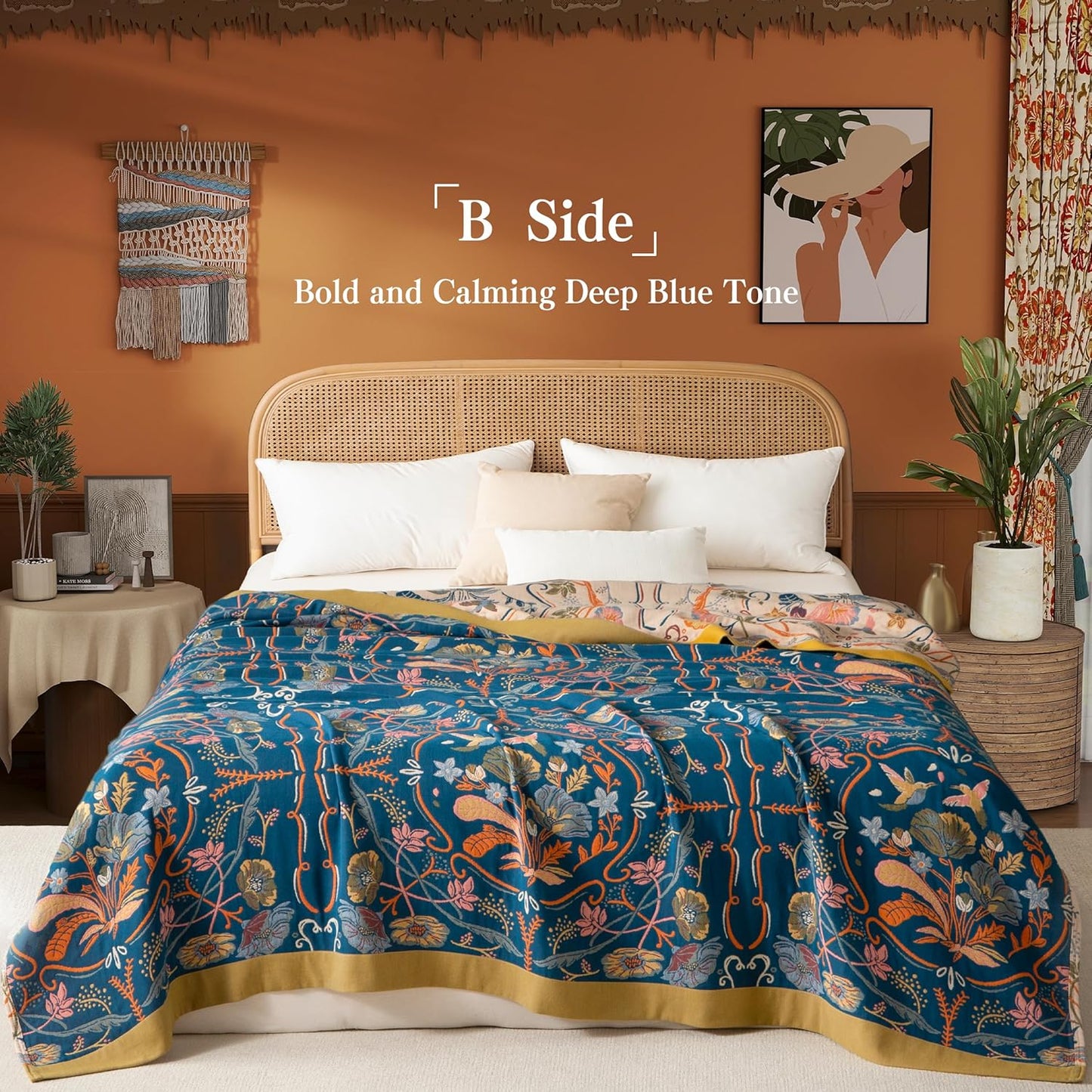 Boho Throw Blanket Twin Size, Soft Cozy Cotton Muslin Quilt Blanket for Bed Decor, Floral Patterned Couch Sofa Chair Cover, Vintage Farmhouse Cottage Tapestry Woven Blanket, Yellow&Blue