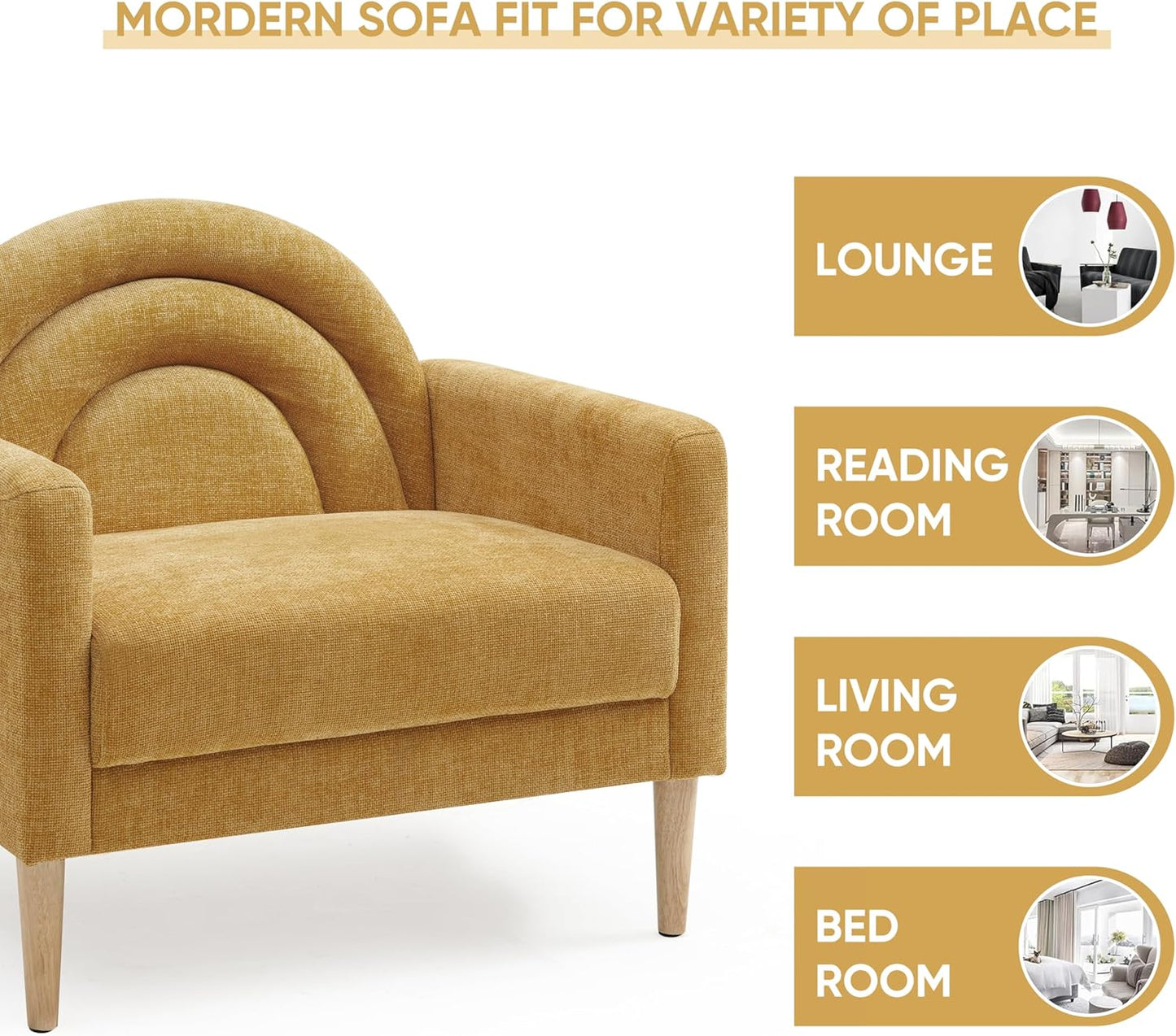 Accent Chair Reading Chair with Armrest, Small Comfy Chair for Small Spaces, Modern Linen Upholstered Armchair for Bedroom & Living Room, Single Sofa Chair with Wood Legs, Easy Assembly (Yellow)