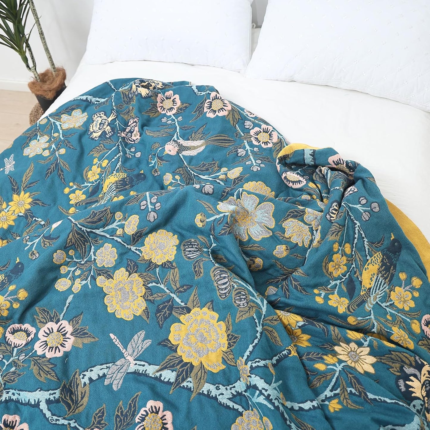 Snycler Boho Throw Blanket for Bed - 100% Cotton Ultra Soft Rustic Quilt Blanket Green Bird Floral Printed Farmhouse Decor Bed Blankets, 60"×80" All Season Rustic Throw for Sofa Couch Chair