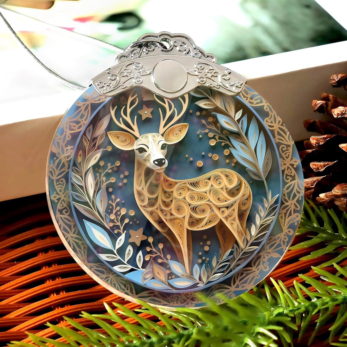 2025 Christmas Ornament, Stained Glass Effections, Christmas Tree 4 Inch Acrylic Ornament Art, White Elephant Gifts Car Interiors Decors, Christmas Decor (Quilling Deer)