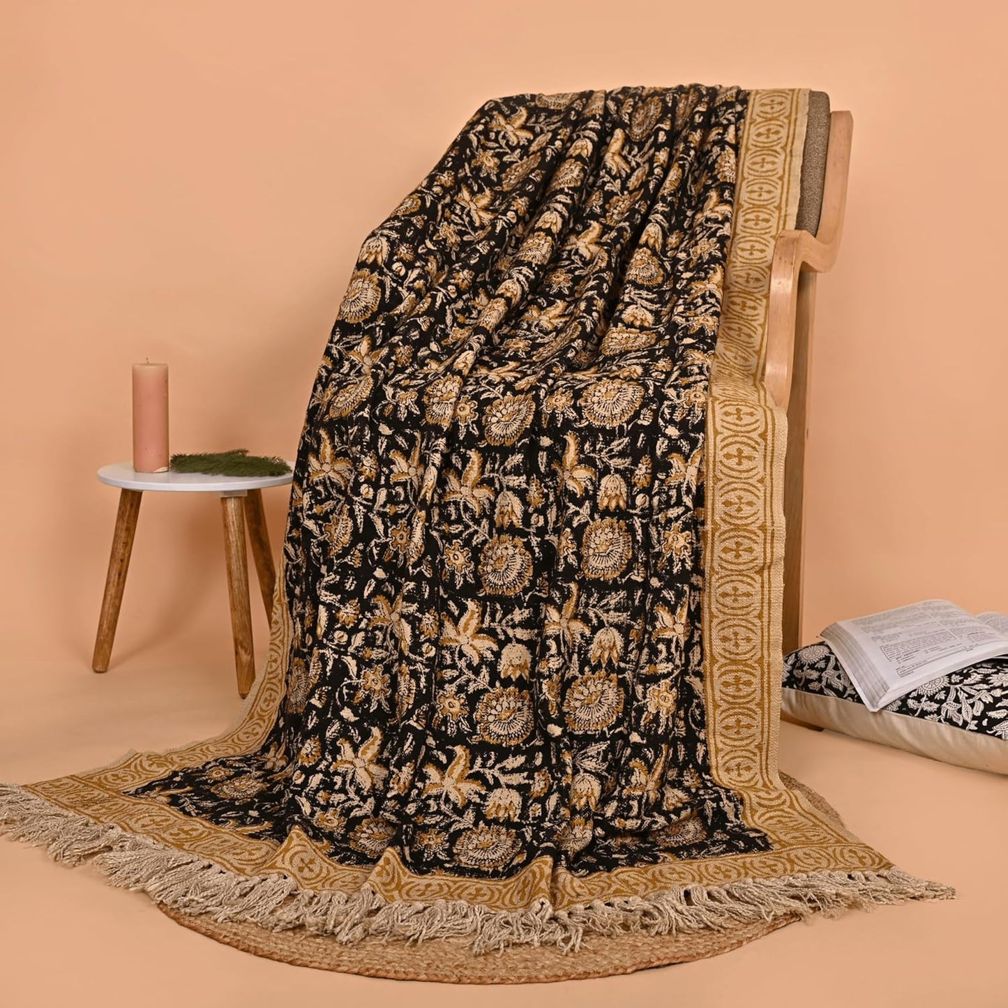 Bohemian Floral Cotton Throw Blanket with Tassels | 48x70 Inch Handblock Printed Sofa Throw | Black & Gold Decorative Bed Cover | Lightweight Couch Throw for Living Room & Bedroom
