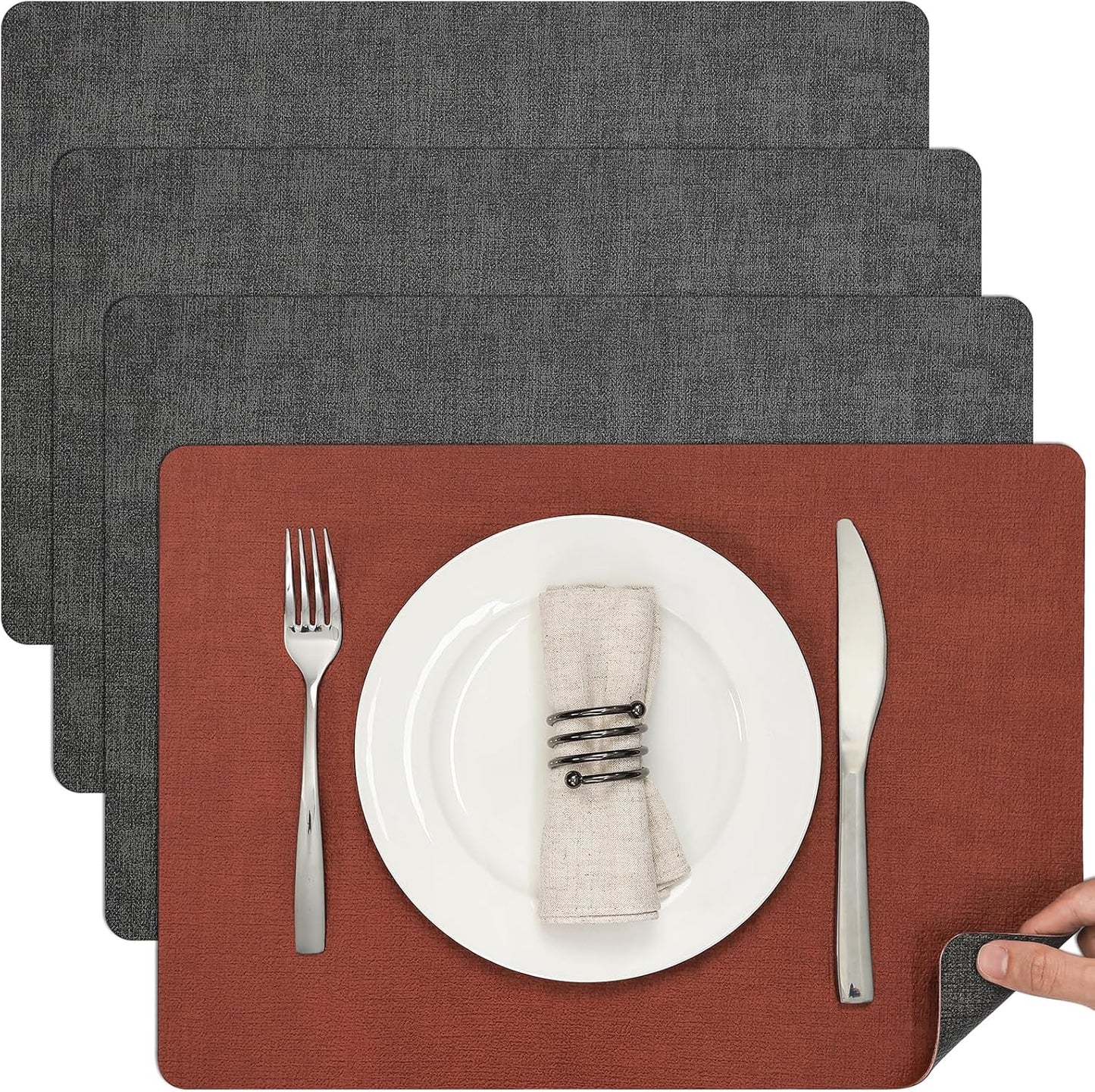 Myir JUN Dual Sided Faux Leather Placemats Set of 4 for Indoor Outdoor Dining Tables, Square Non-Slip Washable Wipeable Table Mats (Gray Terracotta)