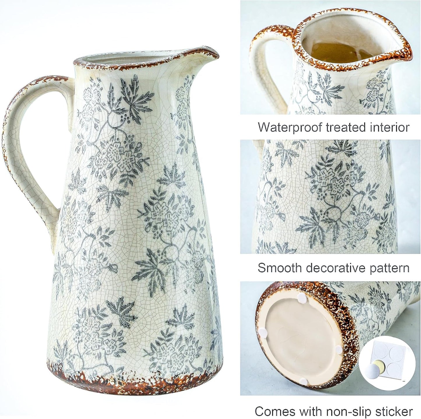 Enra Blue and White vase with Handle,12.2 inch Ceramic Vintage Decorative Flower Pitcher vase, Chinoiserie Floral Vase,Large Rustic Vases for Home Decors, Living Room, Bookshelf, Office