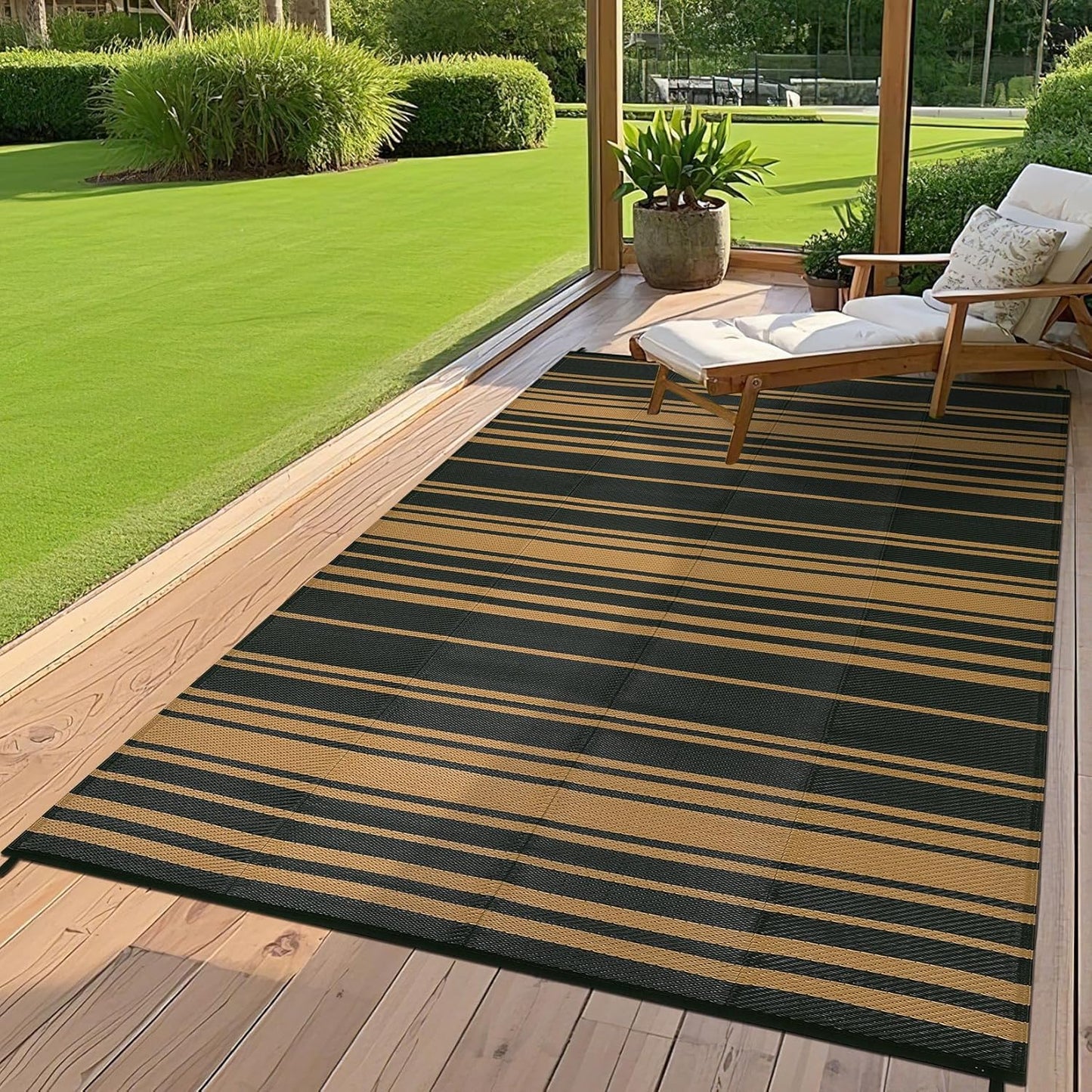 Waterproof Outdoor Rug 8x10 Contemporary Reversible Plastic Straw Rug, Easy Cleaning Striped Patio Carpet, UV-Resistant Indoor Outdoor Floor Cover for RV, Porch, Deck, Backyard, Black Brown