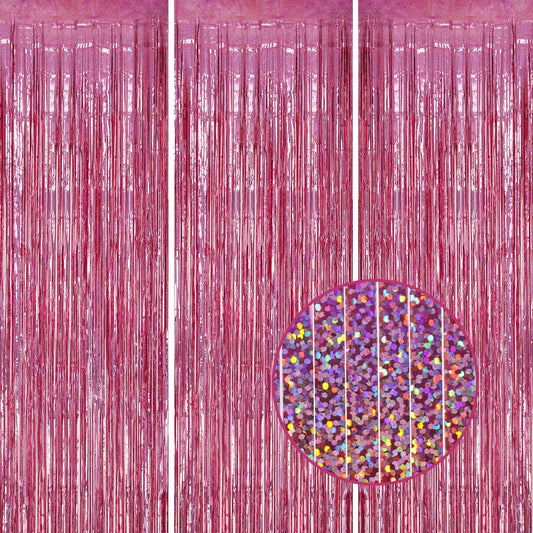 3 Pack Foil Fringe Backdrop - Laser Pink Shiny Tinsel Curtains for Party Decoration/Photo Booth Props - 3.3x8.2 FT Metallic Foil Backdrop for Birthday, Wedding, Graduation, Christmas.