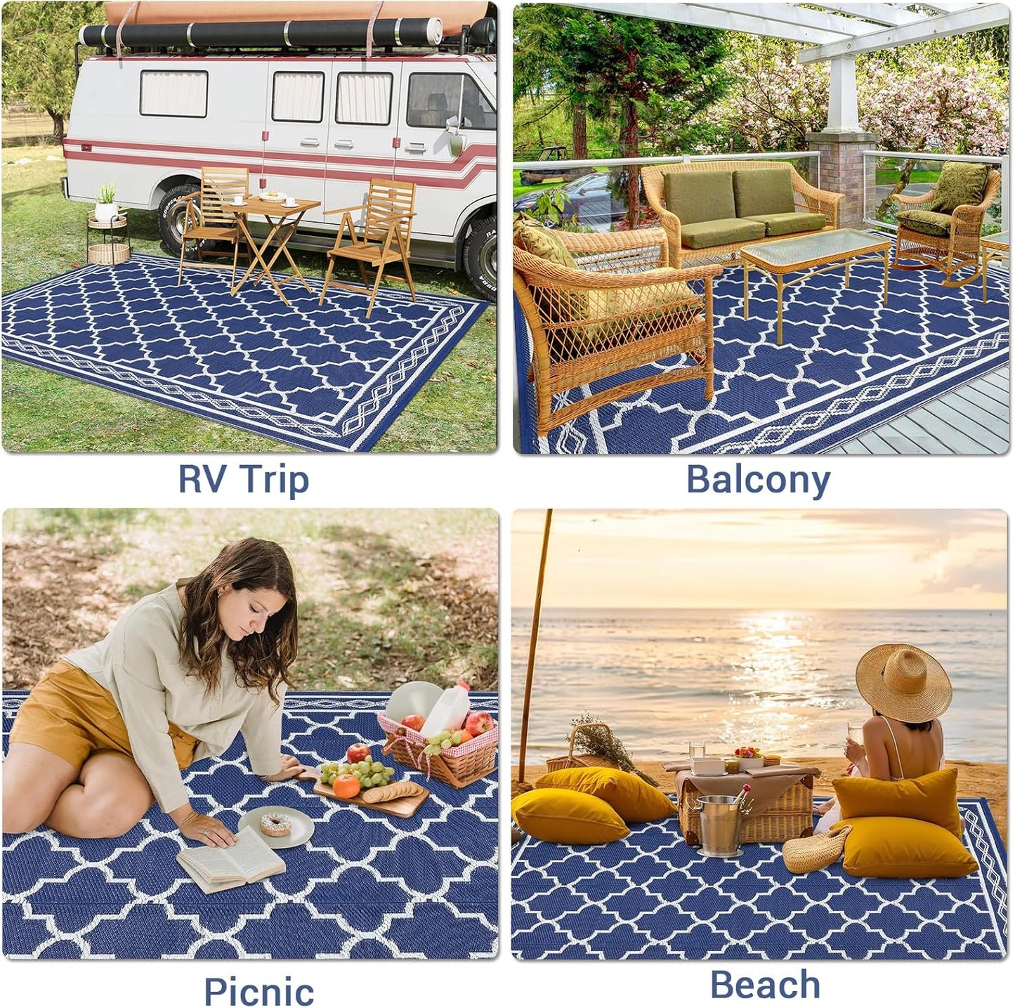 GAOMON Outdoor Plastic Straw Rug, 10'x14' Reversible Sage Green Patio Mat, Flower Modern Design for RV, Backyard, Deck, Camping, Picnic, Navy/White(Geometric)