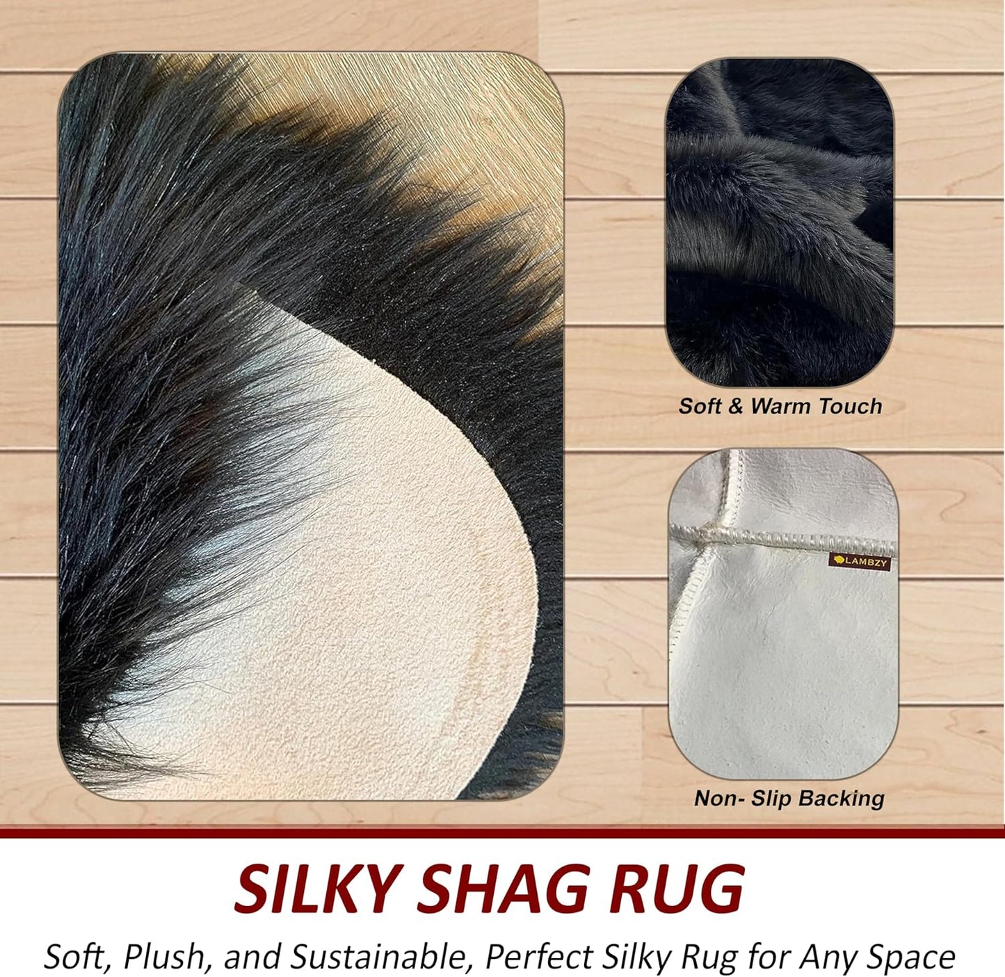 LAMBZY Faux Sheepskin Hypoallergenic Free Shape Silky Shag Rug, Luxury Shaggy Silky Plush Carpet for Bedrooms Rugs Living Room Kids Rooms Sofa Floor Rugs (Octo 8 Pelts 6'x8', 180x240cm Black)