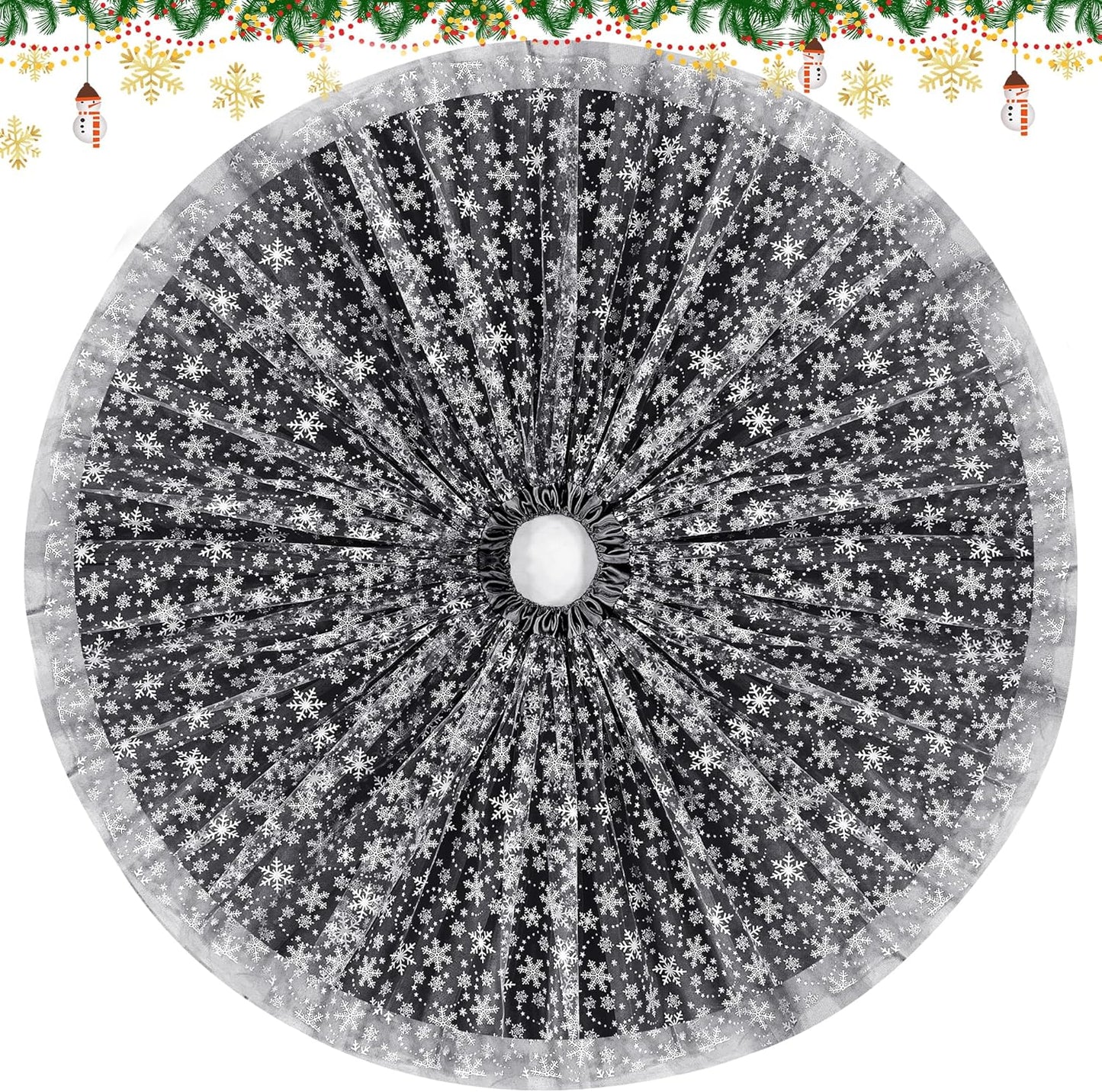 Christmas Wedding Tree Skirt, 4 Layer 45 in Snowflake Tulle Tree Decoration for Party Indoor, Fluffy Tree Cover Mat Ornament for Holiday, Black