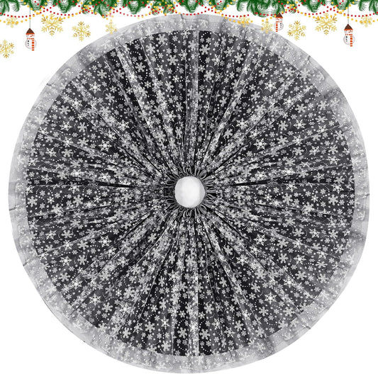 Christmas Wedding Tree Skirt, 4 Layer 45 in Snowflake Tulle Tree Decoration for Party Indoor, Fluffy Tree Cover Mat Ornament for Holiday, Black