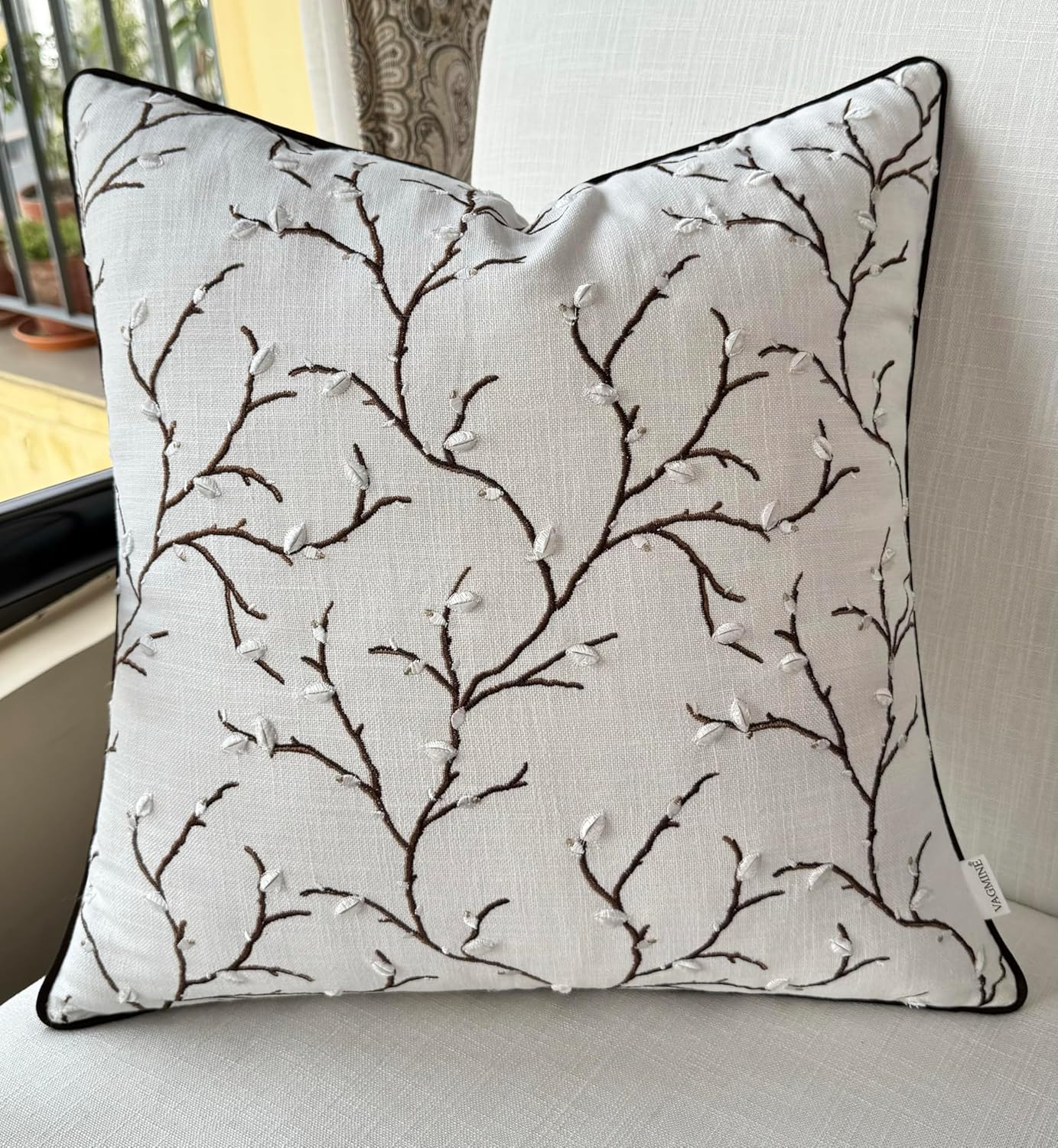 VAGMINE Embroidered Pussy Willow Throw Pillow Cover - 20x20 Inches Square - 100% Cotton Ivory Cushion Cover - Delicate Floral Stitchwork - Chic Home Accent for Sofa, Lounge, Rustic Farmhouse Décor