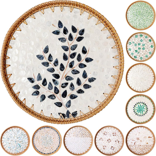 Round Rattan Tray with Mother of Pearl Inlay & Wooden Base - Decorative Wicker Serving Tray for Coffee/Bread/Fruits, Food Storage & Display - Multipurpose Home Decor (L,Little Tree)