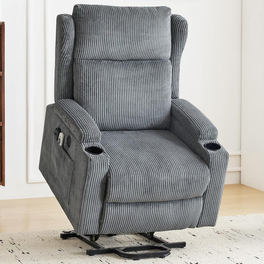Lift Recliner Chair for Adults with Massage and Heating, Power Lift for Elderly, Corduroy Fabric Reclining Chair with USB &Type-C Port, Cup Holders, L6111 (Grey)