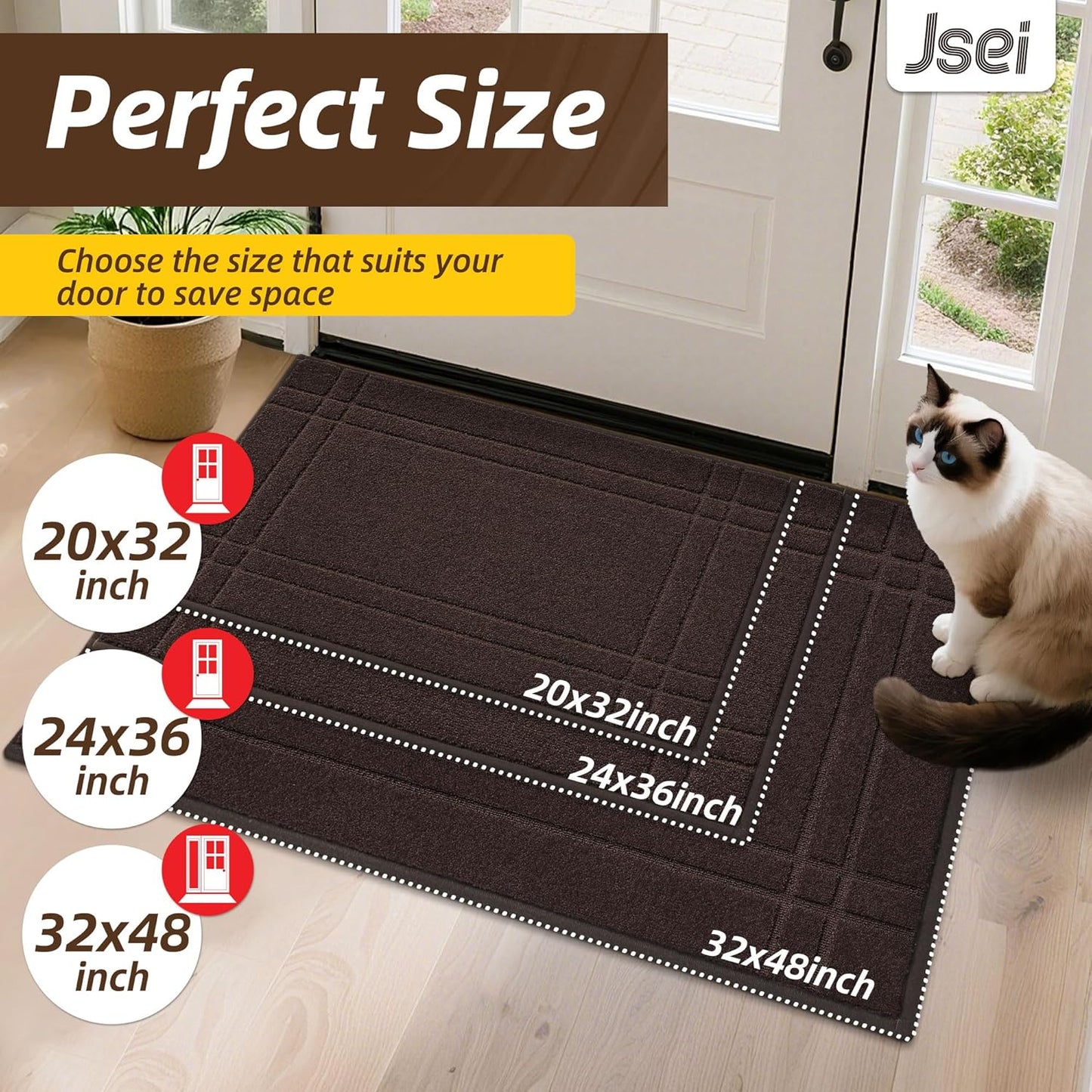 JSEI Entryway Rugs Doormat 32"x48", Non-Slip Dirt Trapper Door Mats Indoor, Washable Absorbent and Stain Resist Welcome Floor Mat for Front Door, Dog Door Mat, Muddy Wet Shoes & Paws, Brown