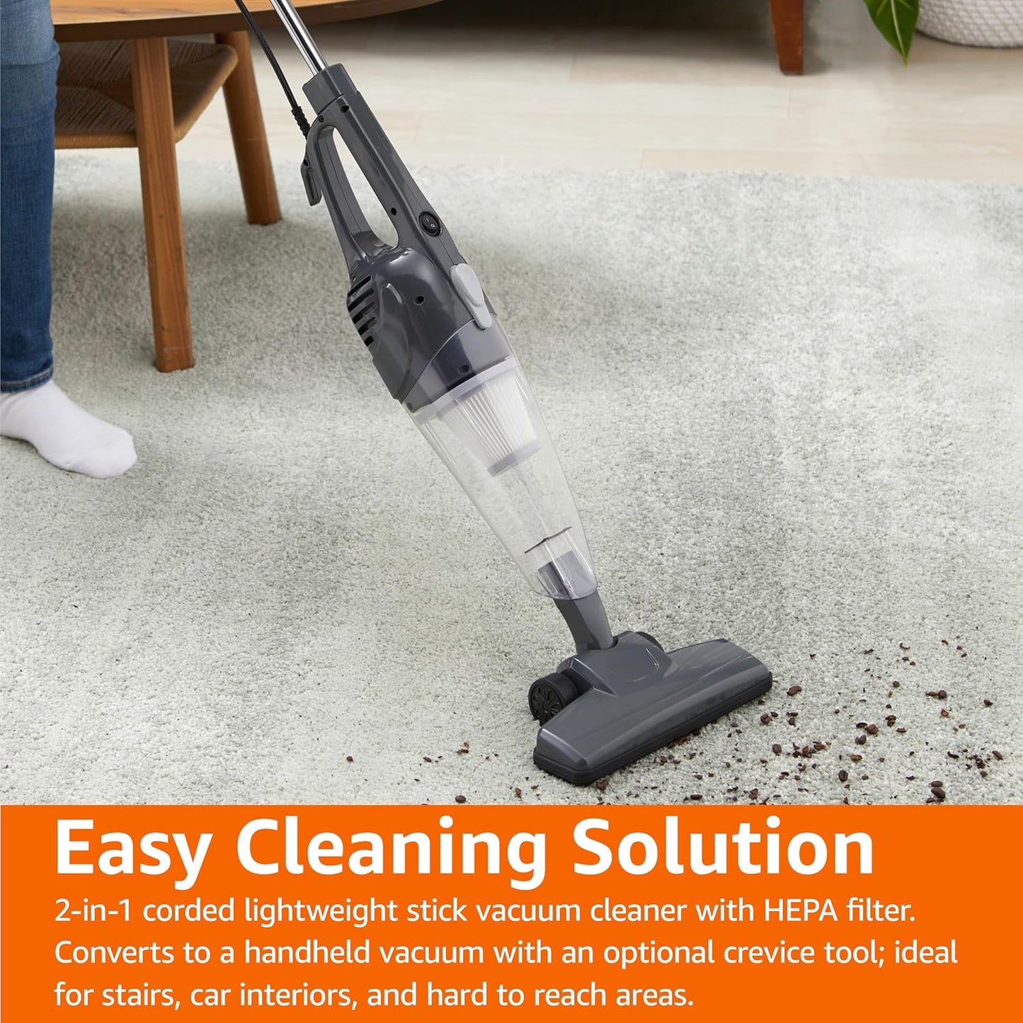 Amazon Basics 2-in-1 Corded Stick Vacuum Cleaner, Convertible to Handheld, Lightweight (3.9 LBS), with Washable HEPA Filter, Crevice Tools, 0.5L Dust Cup, 19.7-Ft Cord, 300W, Black