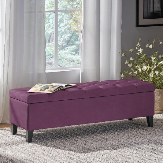 Christopher Knight Home Gloust Velvet Storage Ottoman, Upholstered Rectangular Storage Bench, Living Room Seating, Tufted BottonFoot Rest Stool for Home Office, Entryway and Bedroom, Purple