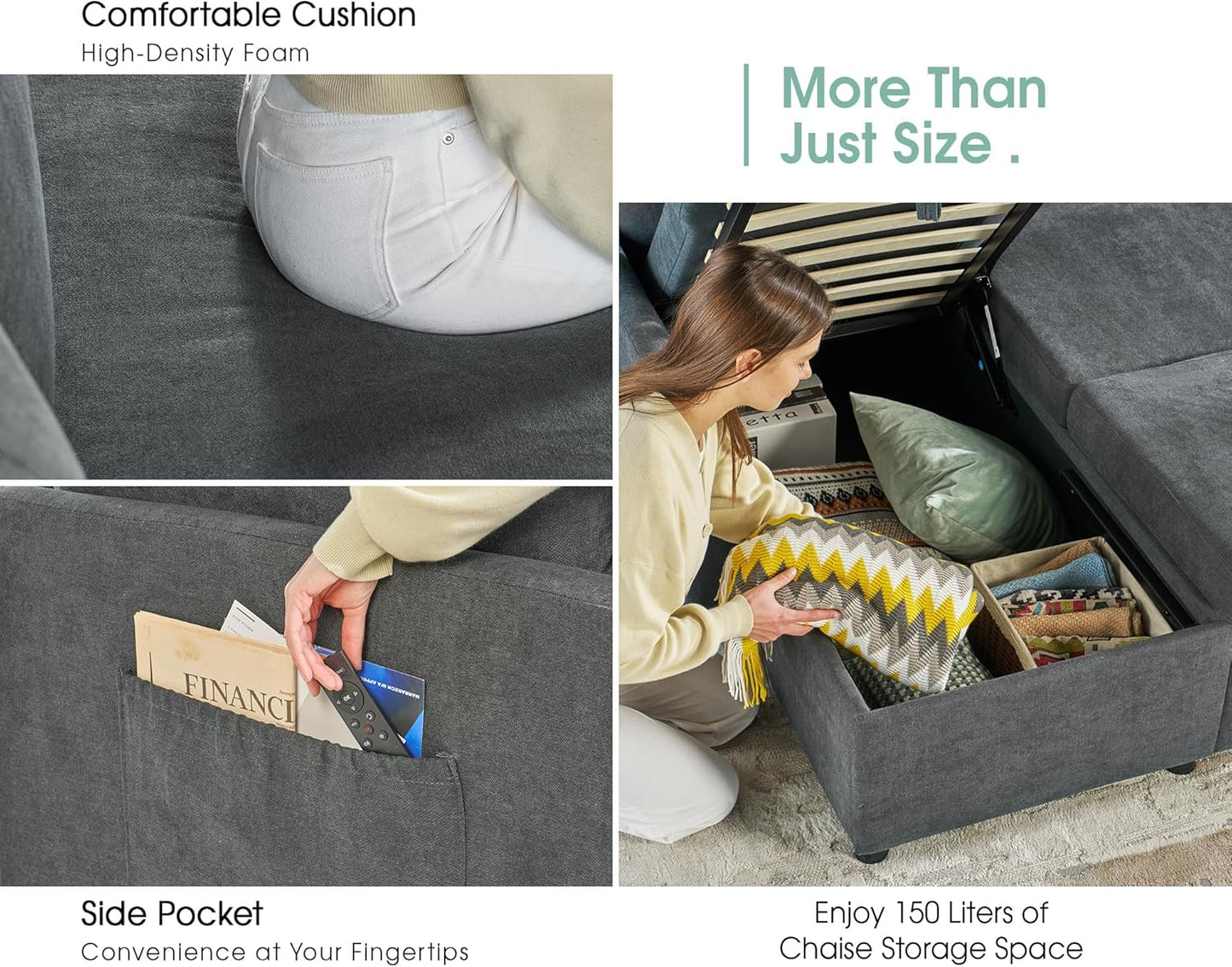 VanAcc Pull Out Sofa, 112 Inch Oversized U Shape Sleeper Sofa Couch with Storage Chaise & 3 Seater, Comfy Couch with Pull Out Bed for Living Room, Grey Linen