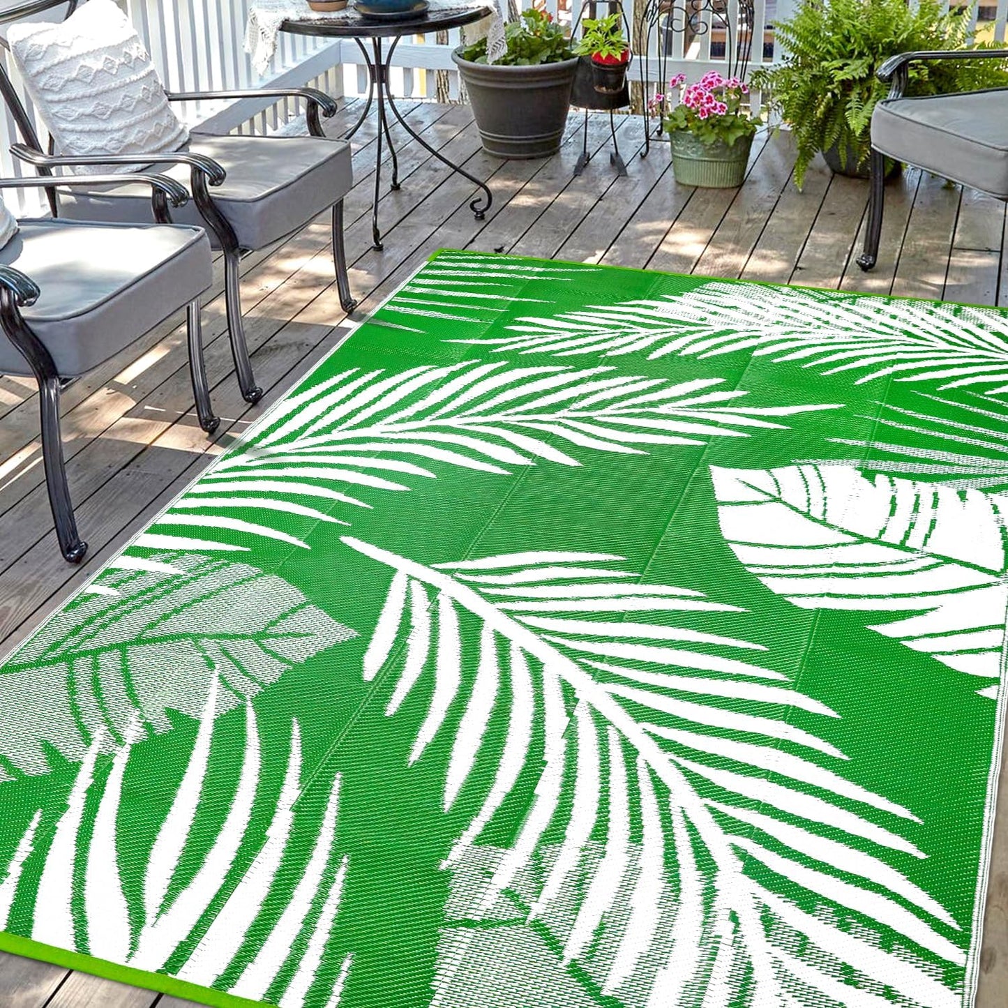 Waterproof Outdoor Rug 6x9ft, Green Leaf Reversible Plastic Straw Mat for Patio RV Deck Porch Backyard Balcony Camping Picnic Beach Indoor Outdoor Carpet, Green&White