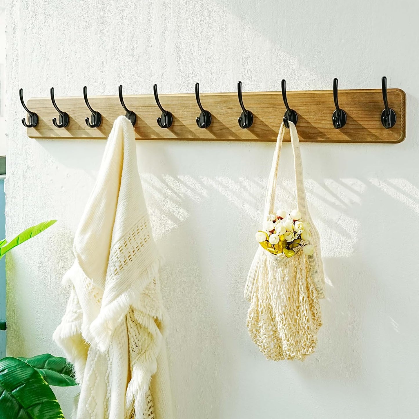 Dseap Coat Rack Wall: 38-1/4" Long, Patented, Heavy-Duty, 10-Double-Hooks Wooden Wall Mounted Coat Rack Coat Hanger Hook Rail for Winter Coats Hat Jacket Clothing, Weathered Brown, Pack of 2