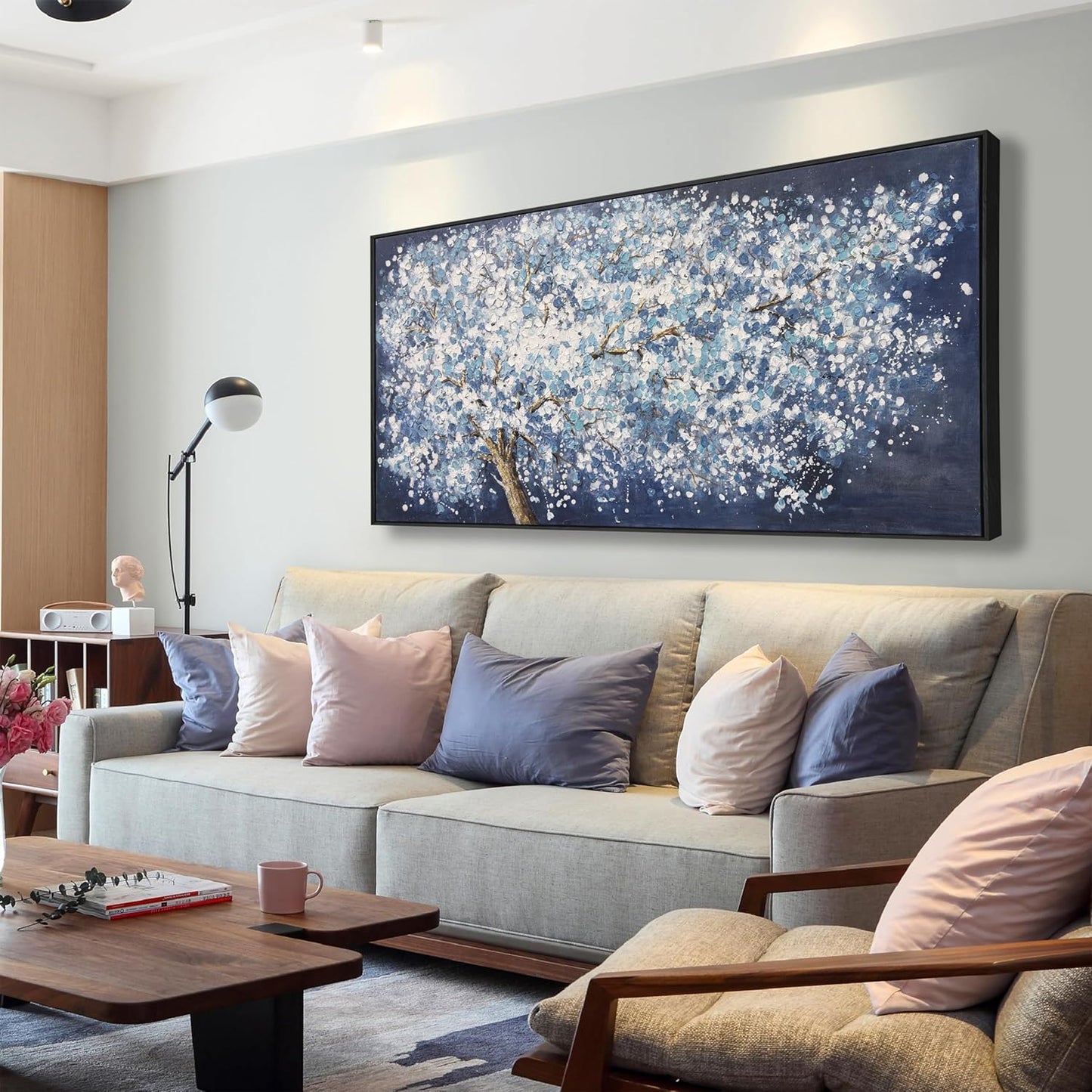 Wall Art Canvas Oil Painting Dark Blue And White Abstract Tree Plants Wall Decor Pictures Framed For Bedroom Canvas Wall Decorations Artwork For Living Room Dinning Room Home Office 20 X 40 Inch