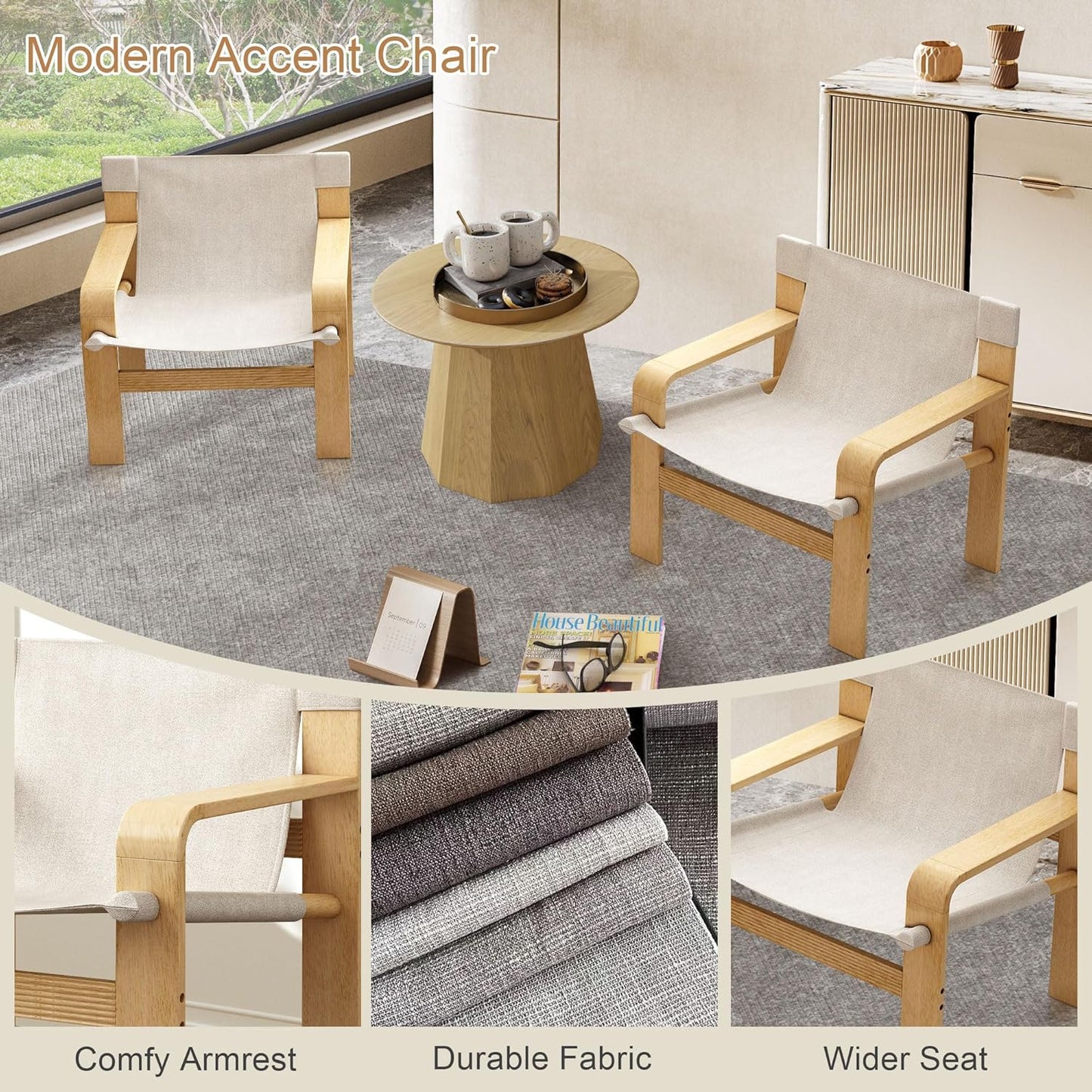 Mid-Century Accent Chair with Wide Armrest & Solid Wood Frame, Detachable and Washable Armchair, Modern Living Room Reading Chairs for Bedroom Sunroom Bedroom Balcony