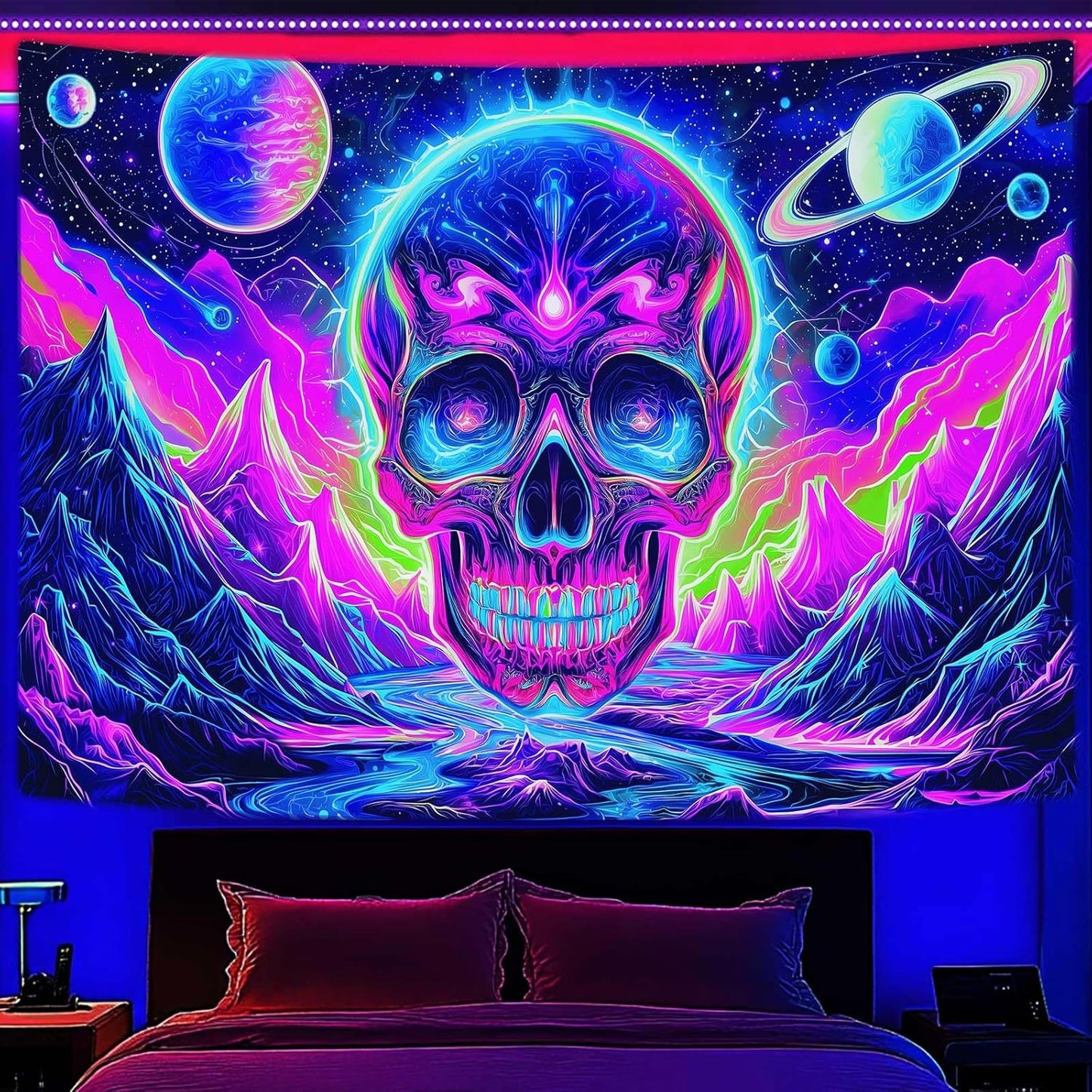 Blacklight Skull Tapestry, UV Reactive Gothic Skeleton Mountain Galaxy Planet Wall Hanging Tapestries, Glow in the Dark Horror Face Halloween Aesthetic Poster for Bedroom Living Room Decor 80X60IN