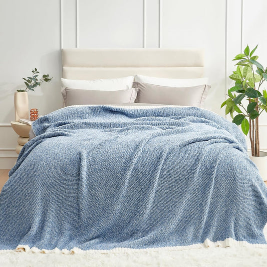 Snuggle Sac Queen Size Bed Blanket Heather Blue, Reversible Super Soft Microfiber Blankets Warm Cozy Knit Fuzzy Plush Bed Blankets, Blue, Queen 90x90