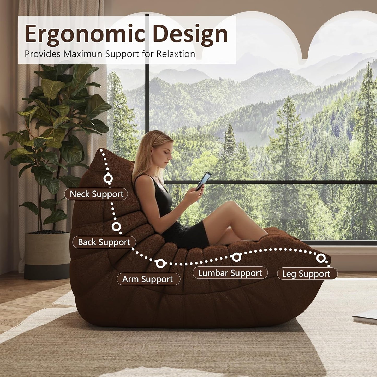 Bean Bag Chair, Oversized Bean Bag Chair for Living Room, Fireside Chair for Adults with Memory Foam Filled, Big Accent Sofa Lounge Floor Sofa for Gaming, Reading, Relax, No Assembly Required(Coffee)