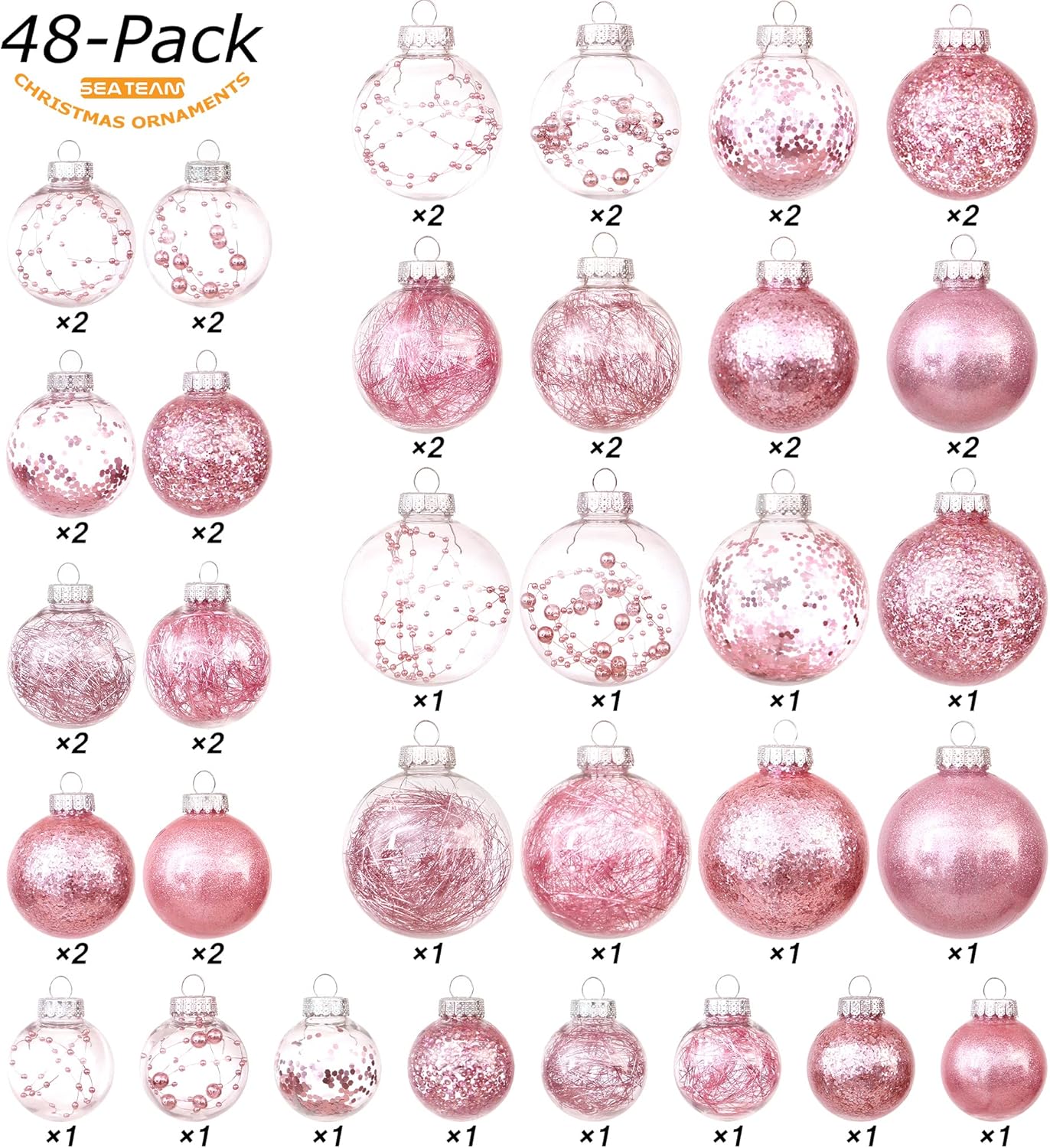 Sea Team Christmas Baubles Set of 48 Shatterproof Clear Plastic Christmas Baubles Multi-Size Decorative Baubles with Stuffed Delicate Decorations (48 Pieces, Pink)