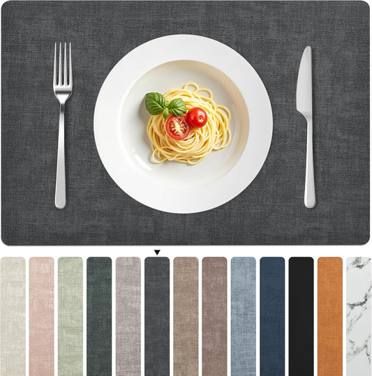 FROMHEART Faux Leather Placemats Set of 12–Waterproof,Heat/Oil Stain-Resistant PU Table Mat–Reversible,Non-Slip,Easy to Clean Place Mats for Kitchen,Dining,Indoor/Outdoor,(Dark Grey,11.8" x 17")