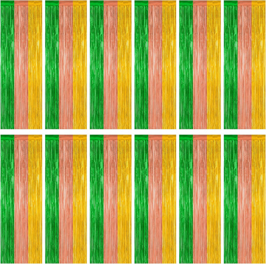 12 Pack Hawaiian Party Decorations, 3.28 FT x 7.05 FT Luau Party Decorations, Green Brown Yellow Luau Backdrop Fringe Curtains Foil Streamer, Metallic Summer Decor Luau Party Supplies