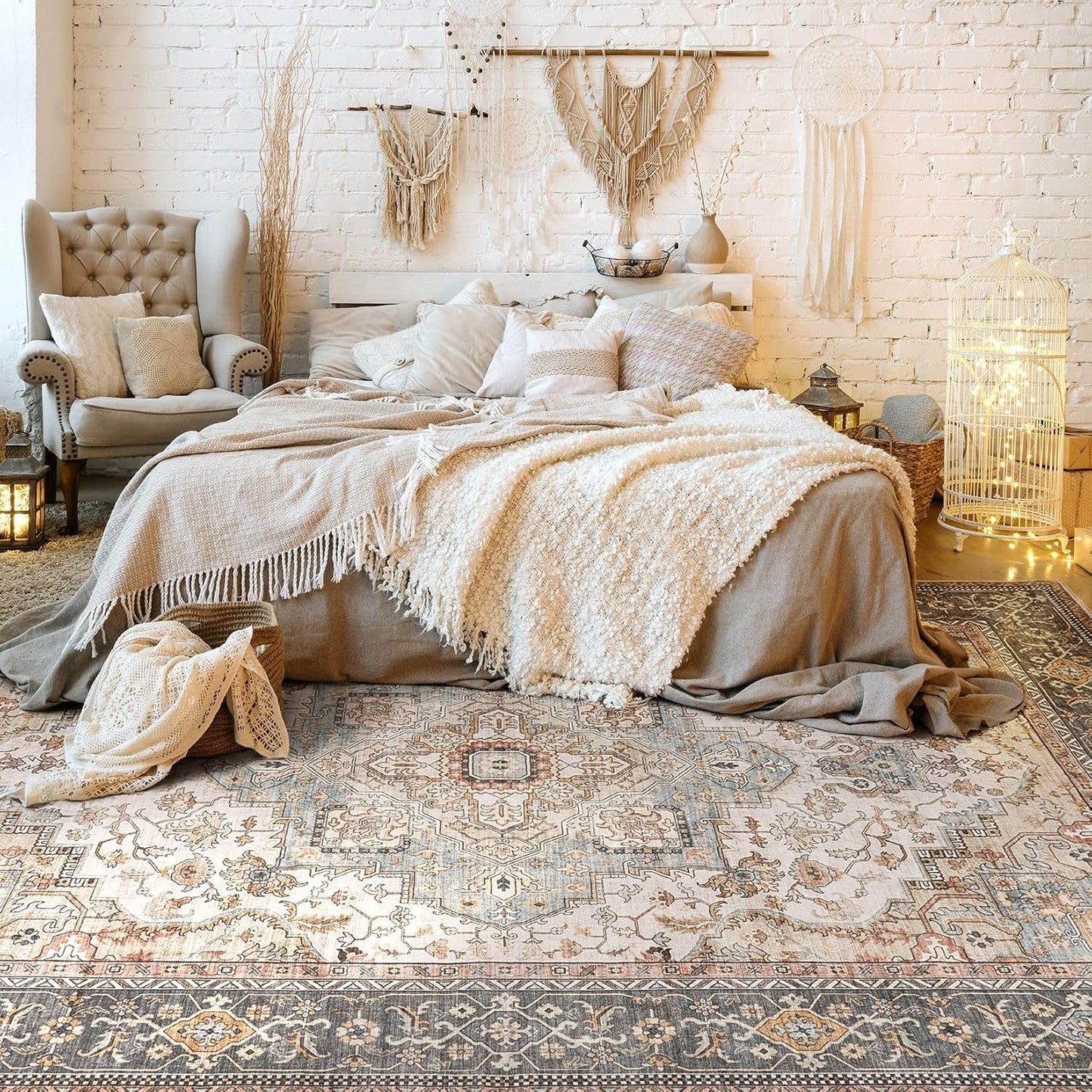 Washable Area Rugs for Living Room -10x13 Neutral Vintage Distressed Floral Farmhouse Boho Large Soft Floor Rug Indoor Non Slip Carpet for Living Room Bedroom Dining Room Office - Forest Green Orange