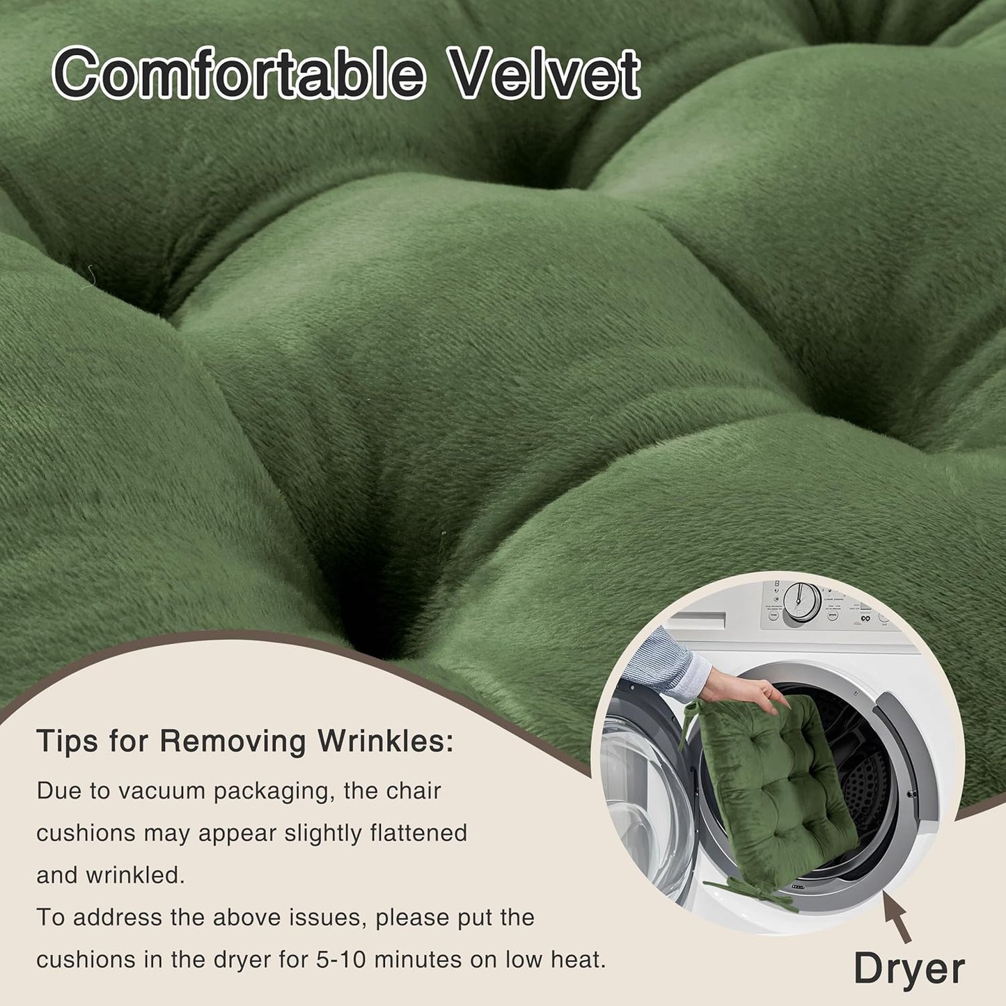 OVOV Chair Cushions for Dining Chairs Set of 6 Tufted Indoor Chair Pads with Ties Soft Square Seat Cushions for Kitchen Chairs 15.5"x15.5",Green