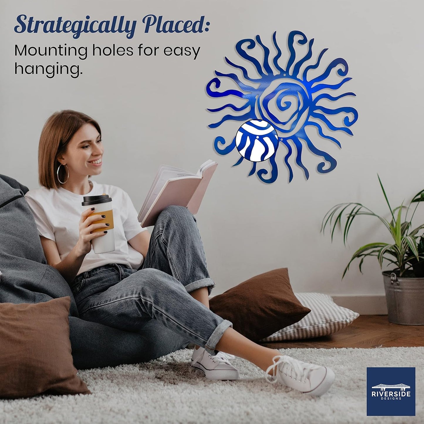 Riverside Designs Wacky Sun Metal Wall Art Indoor/Outdoor Decor - 12" Blue, Rust Proof Wall Sculpture - Made in USA - Ideal for Bedroom, Garden, Home, Patio and Farmhouse