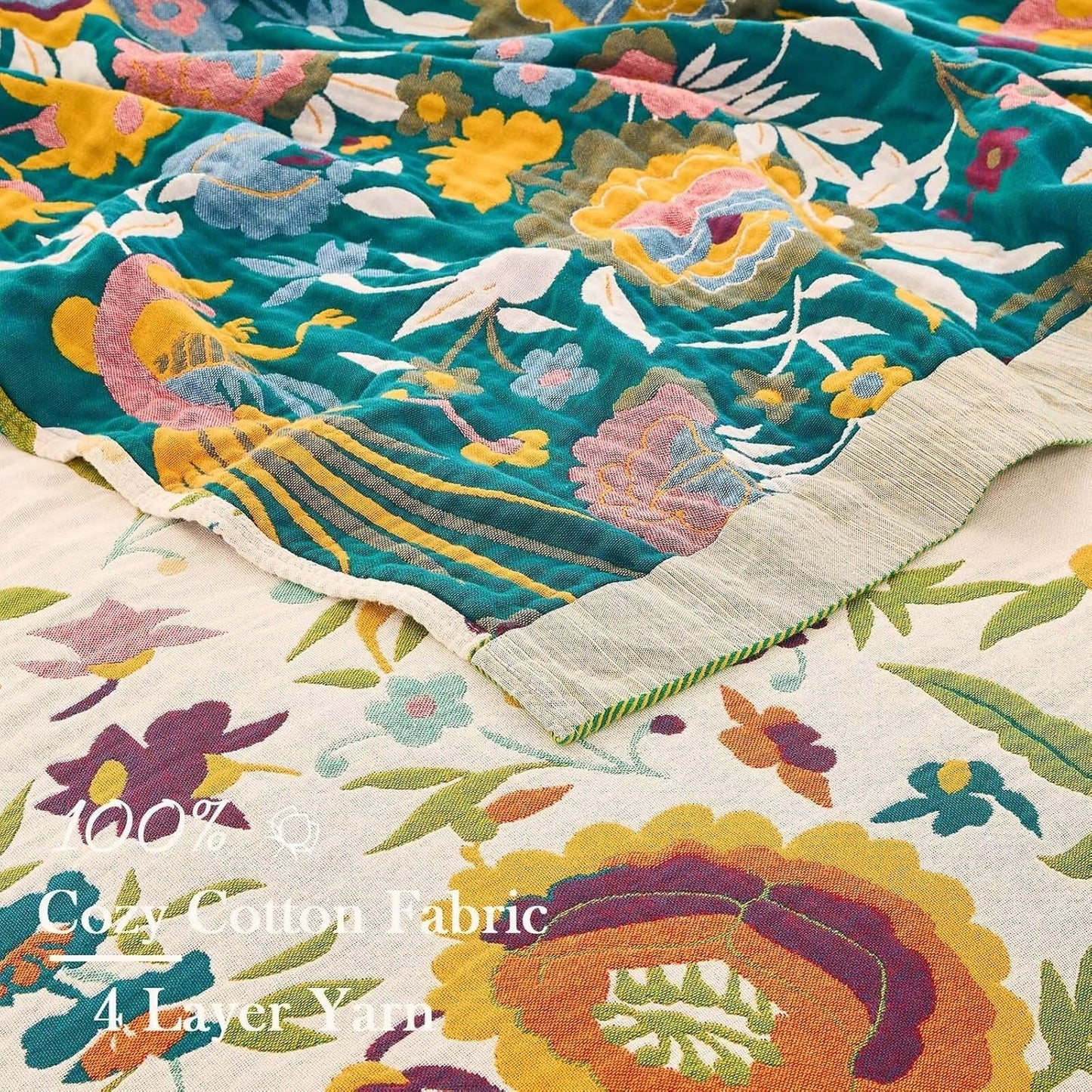 Boho Throw Blanket for Bed, 100% Cotton Soft Rustic Quilt Fall Blanket, 60"x80" Floral Printed Farmhouse Decor Bed Blankets, All Season Rustic Reversible Bohemian Throw Quilt