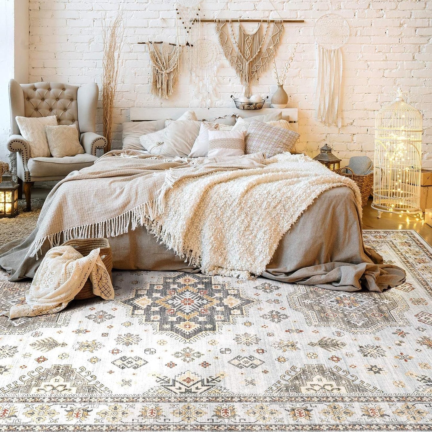 Washable Area Rugs for Living Room -9x12 Neutral Vintage Distressed Floral Farmhouse Boho Large Soft Floor Rug Indoor Non Slip Carpet for Living Room Bedroom Dining Room Office - Blue Brown