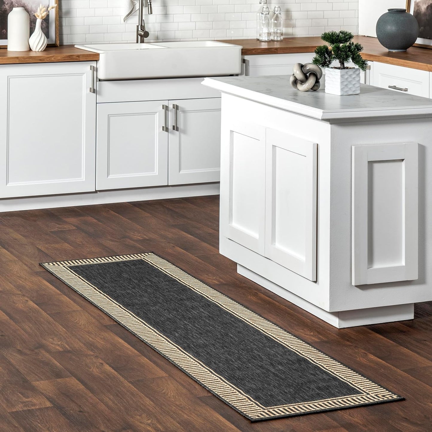 nuLOOM 2' x 8' Outdoor Area Rug, Casual Design With Striped Border, Stain Resistant, Highly Durable, For Patio, Balcony, Bedroom, Living Room, Dining Room, Bathroom, Dark Grey