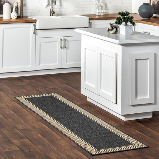 nuLOOM 2' x 8' Outdoor Area Rug, Casual Design With Striped Border, Stain Resistant, Highly Durable, For Patio, Balcony, Bedroom, Living Room, Dining Room, Bathroom, Dark Grey