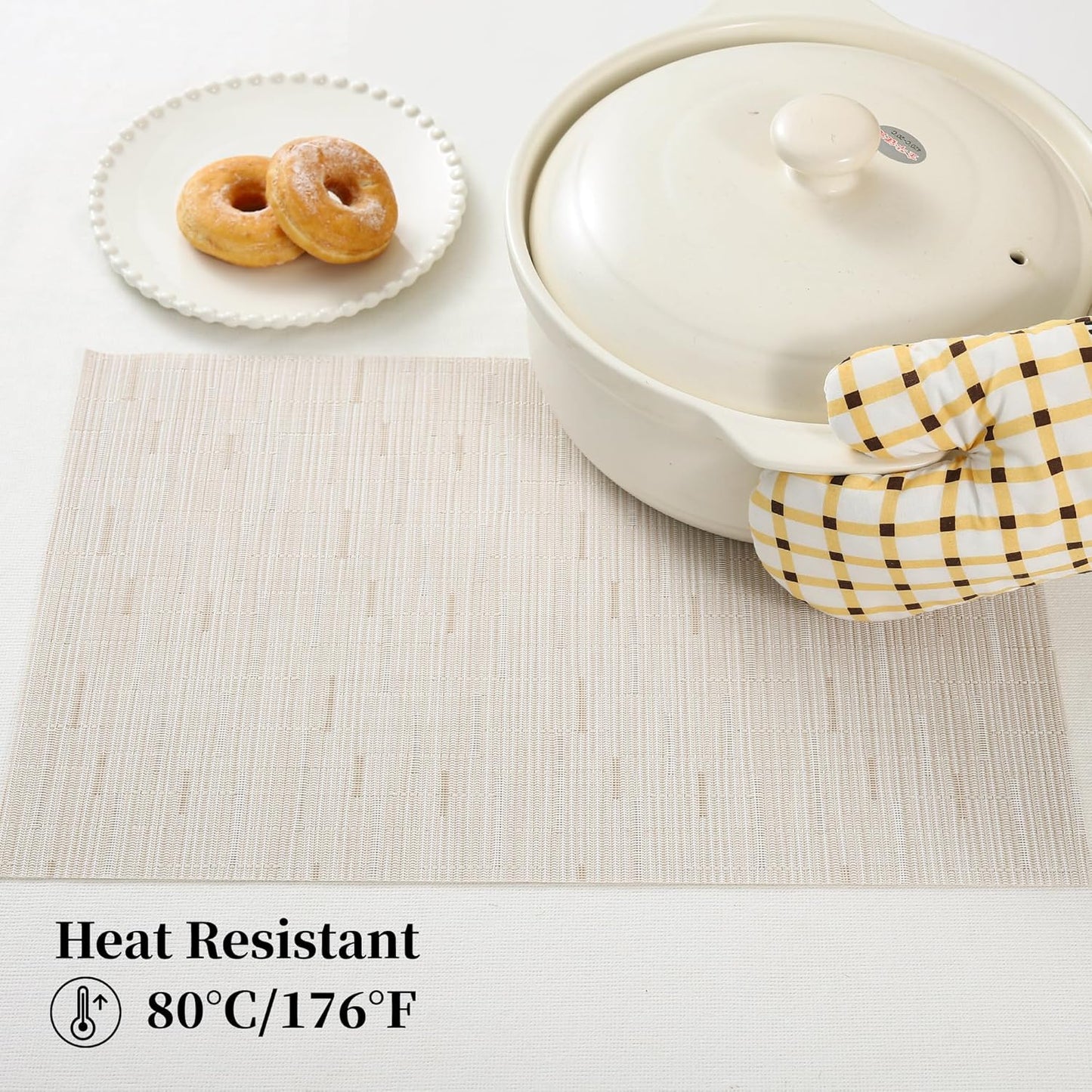 Leetaltree Pale Beige Placemats Set of 6 - Heat Resistant Non-Slip Place mats for Dining Table, Washable Durable PVC Vinyl Woven Table Mats（Pale Beige, 6）