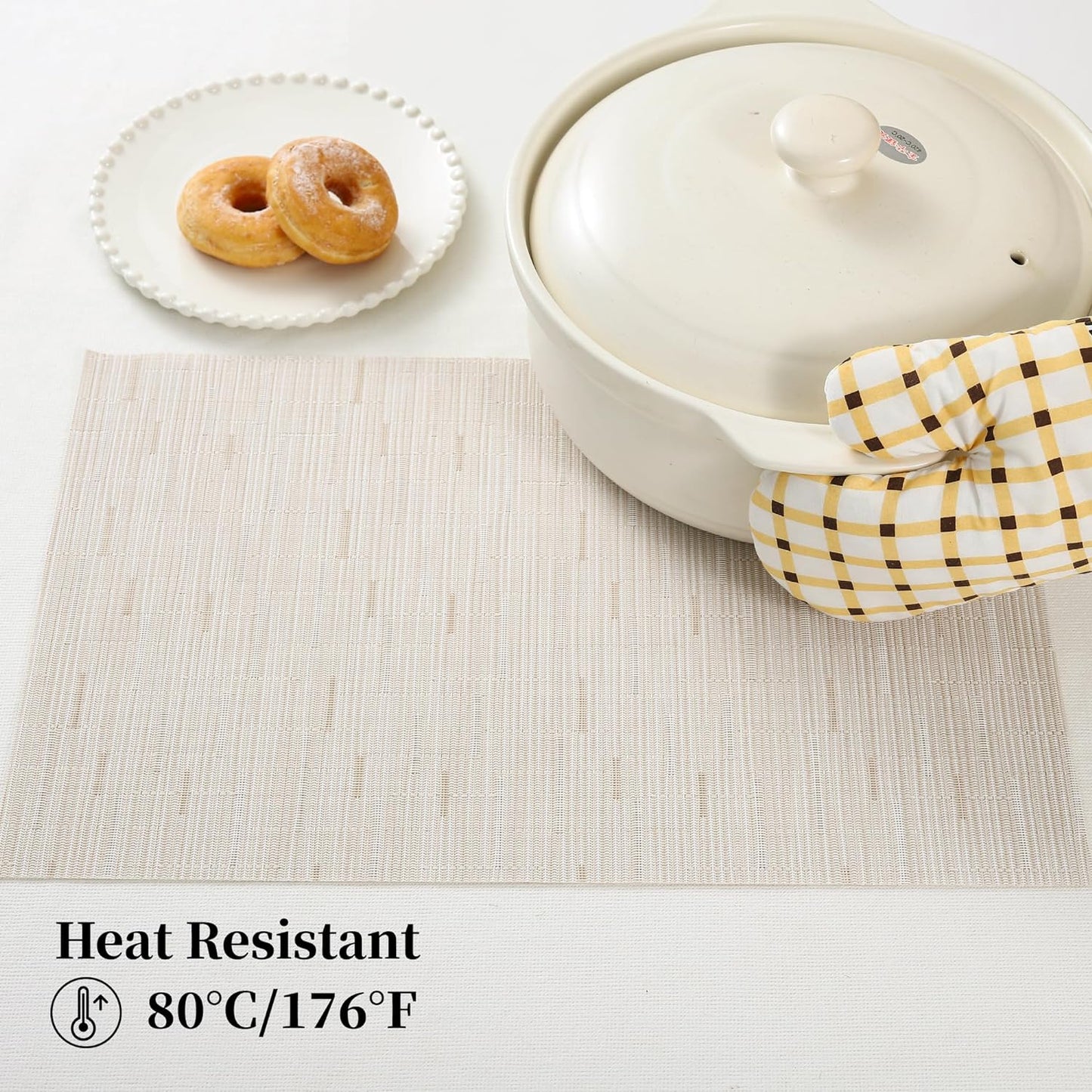 Leetaltree Pale Beige Placemats Set of 8 - Heat Resistant Non-Slip Place mats for Dining Table, Washable Durable PVC Vinyl Woven Table Mats（Pale Beige, 8）