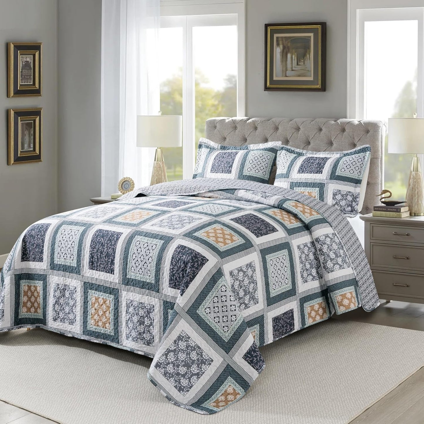 NEWLAKE Quilt Bedspread Sets - Bohemian Farmhouse Pattern Reversible Coverlet Set, King Size