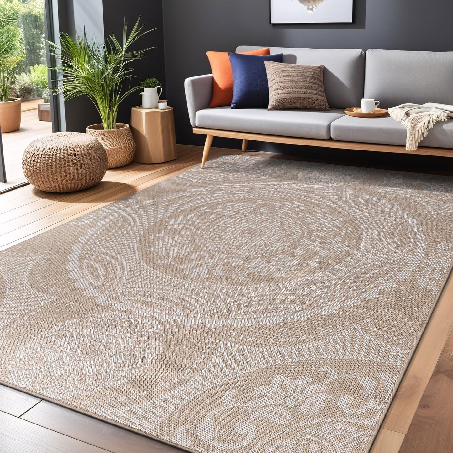 Medallion Outdoor Rug 6x9 Washable Outside Carpet for Indoor Patio Porch Waterproof Easy Cleaning Non Shedding Area Rugs Beige 6 x 9