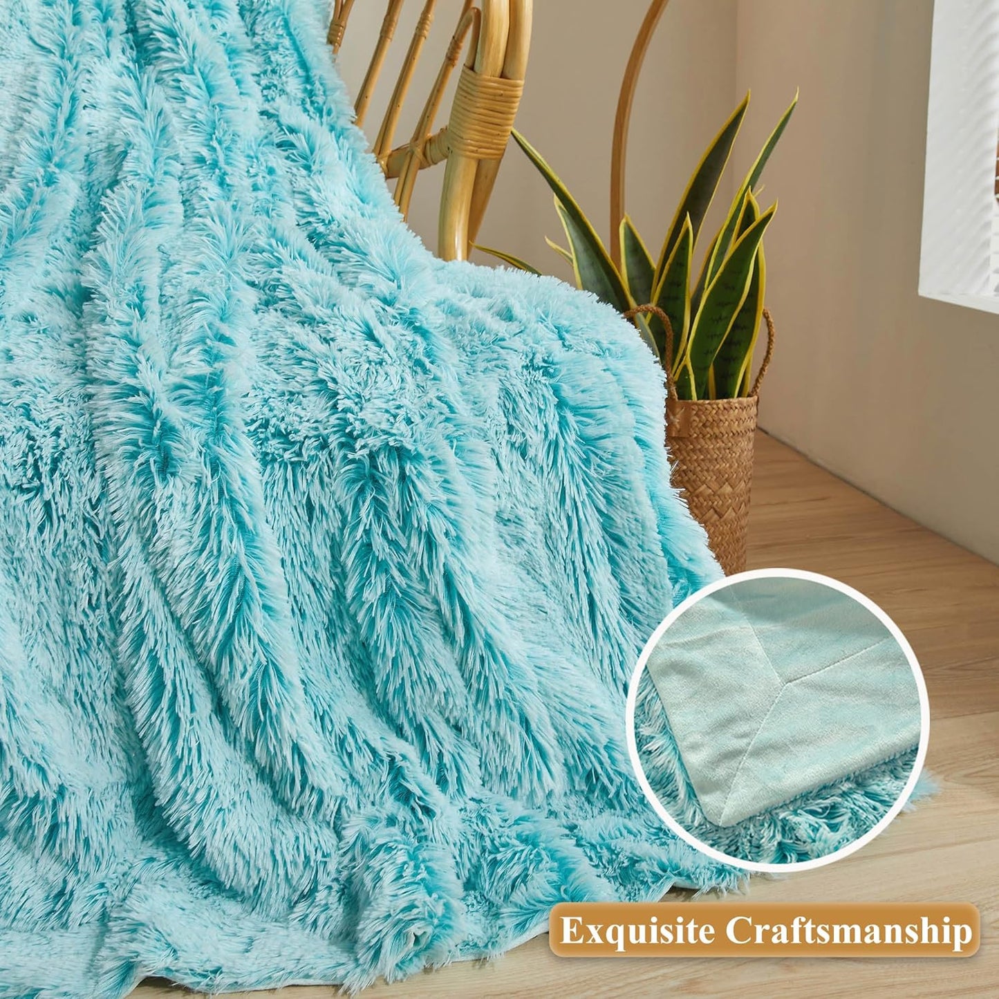 XeGe Luxury Faux Fur Blanket, Soft Big Fluffy Throw, Shaggy Plush Decorative Couch Blanket, Cute Furry Fuzzy Bed Throw for Bedroom Living Room, Ombre Aqua Green, 60x90