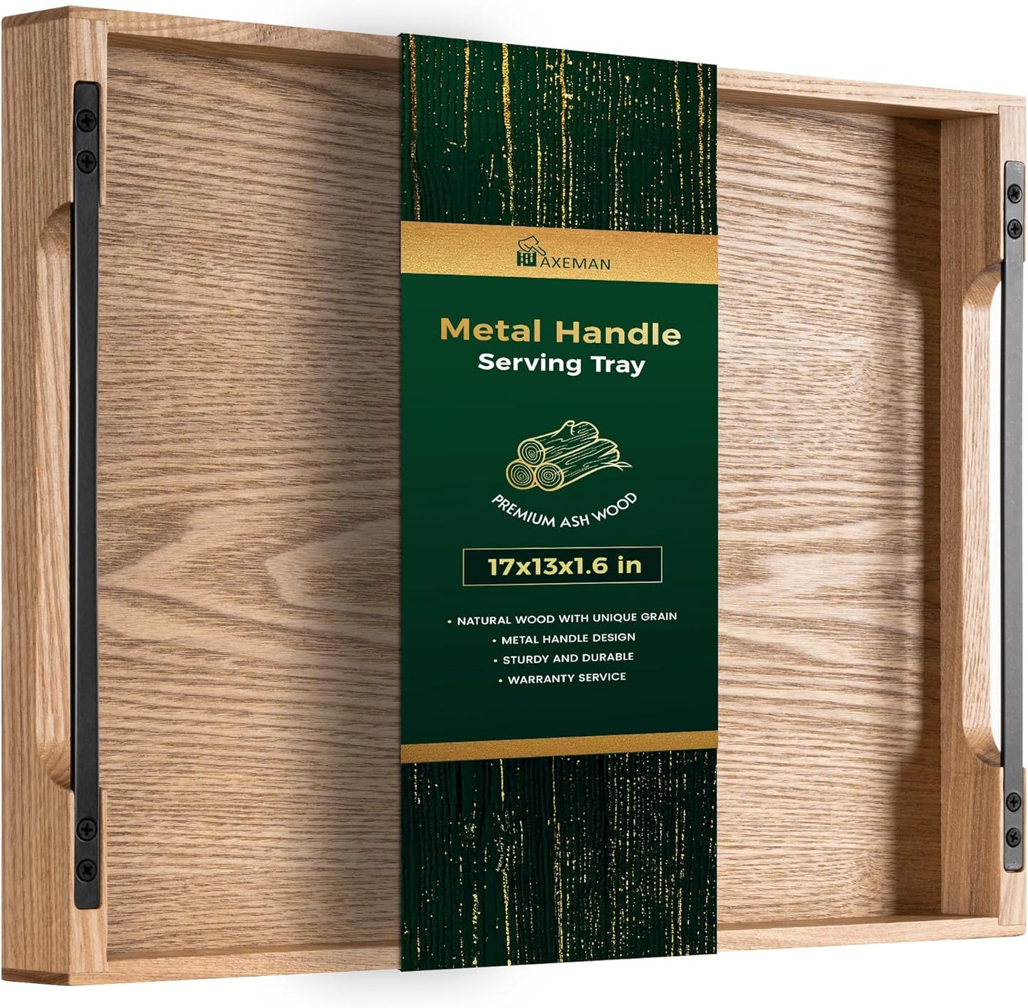 Axeman Wooden Serving Tray with Metal Handles|Ottoman Tray for Breakfast, Bed, Couch|17x13in Ash Wood Coffee Table Trays|Food Drinks Decorative Storage Boards for Ottoman Kitchen, Natural