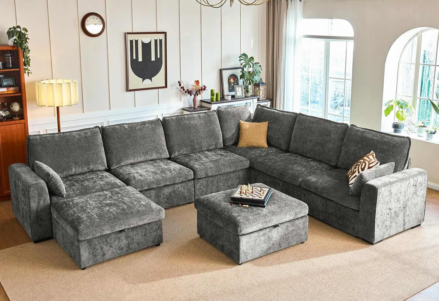 Oversized Modular Sofa Comfy Cloud Couch with Storage, Extra Deep Plush Sectional Sofa Set for Living Room, Covers Washable, Chenille, Olar (Grey, 8-Seater with Corner & 2 Ottomans, u-Shaped)